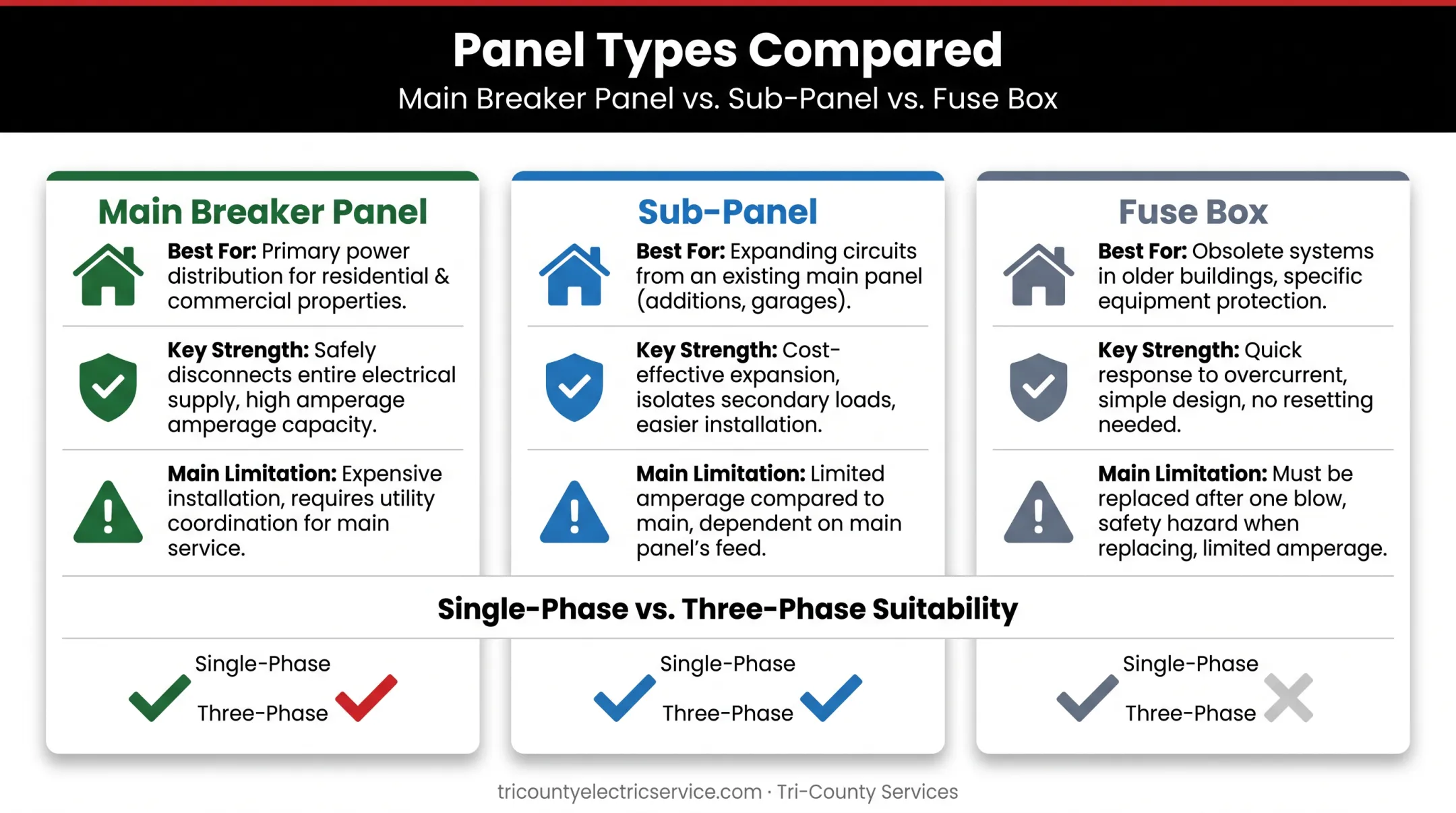 Main breaker panel versus sub-panel versus fuse box comparison chart