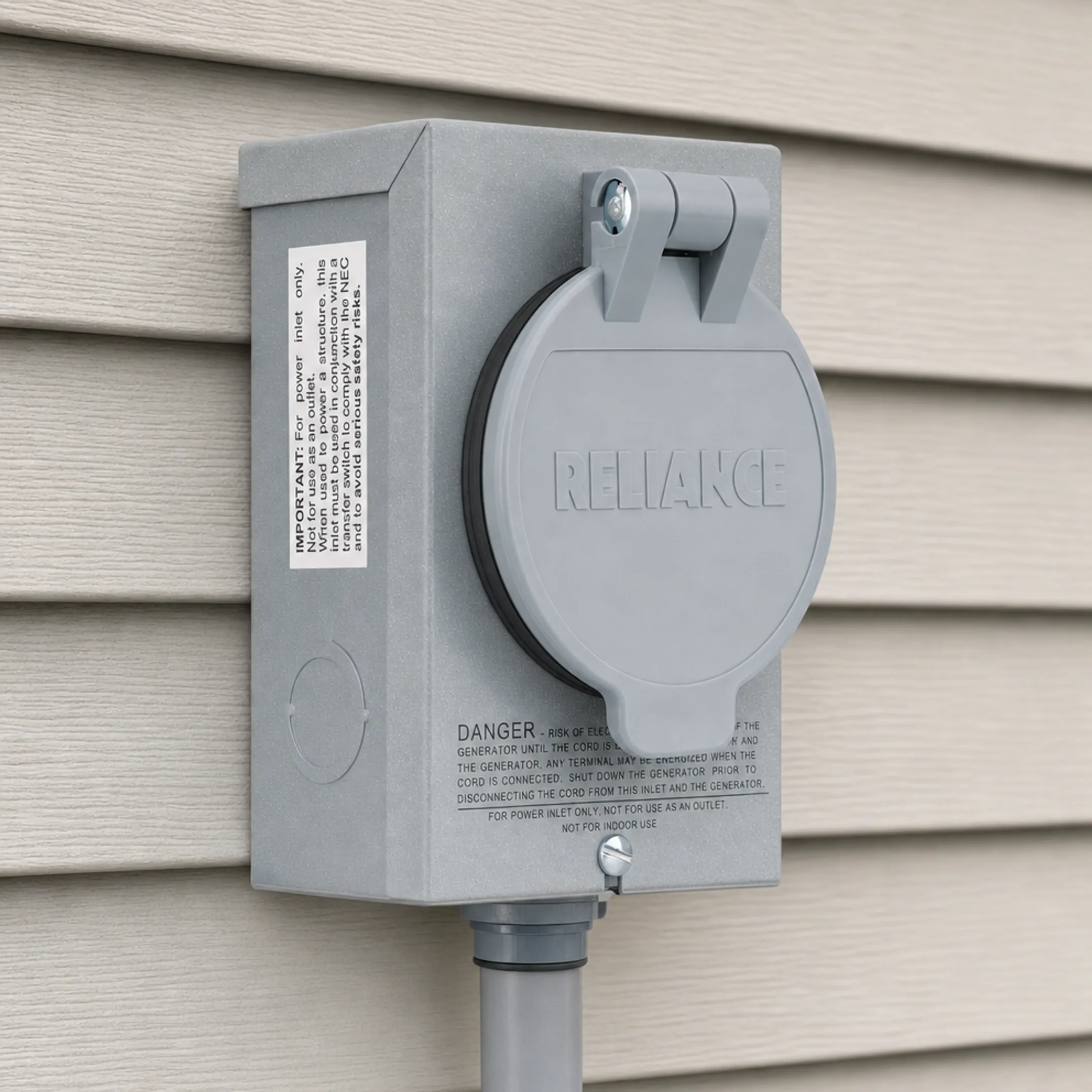 Weatherproof NEMA 3R generator inlet box mounted on home exterior wall