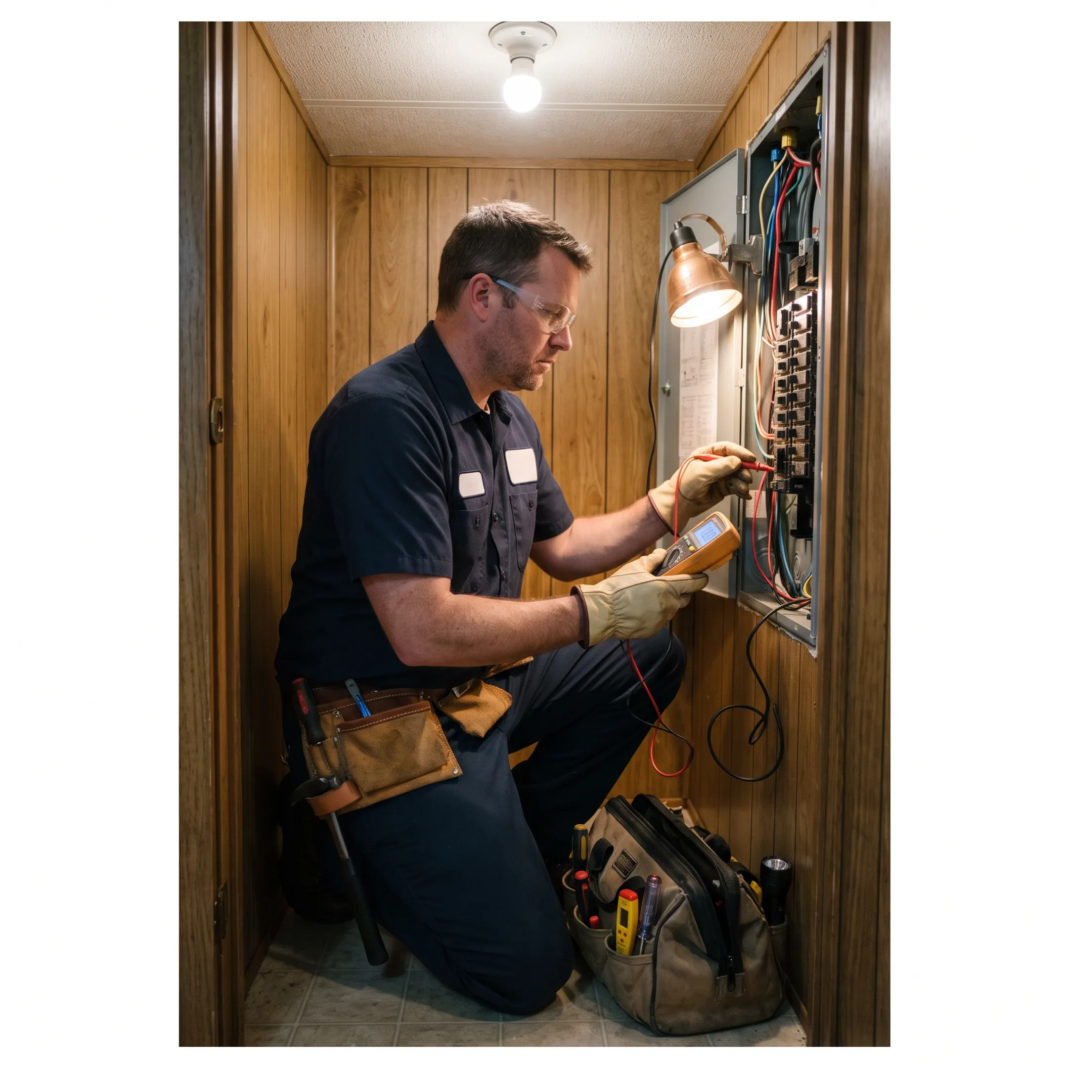 Electrician testing mobile home wiring