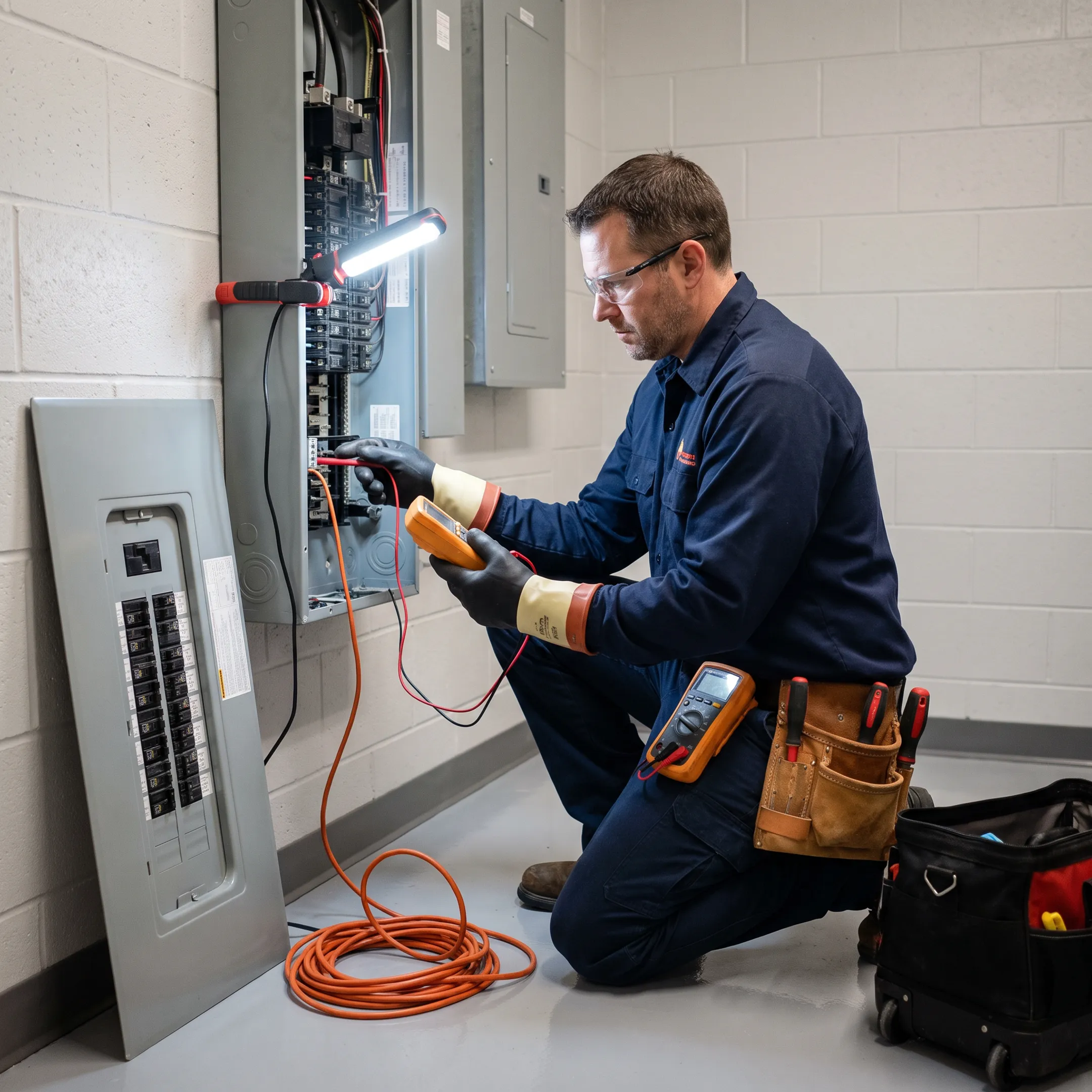 Commercial electrician performing electrical maintenance