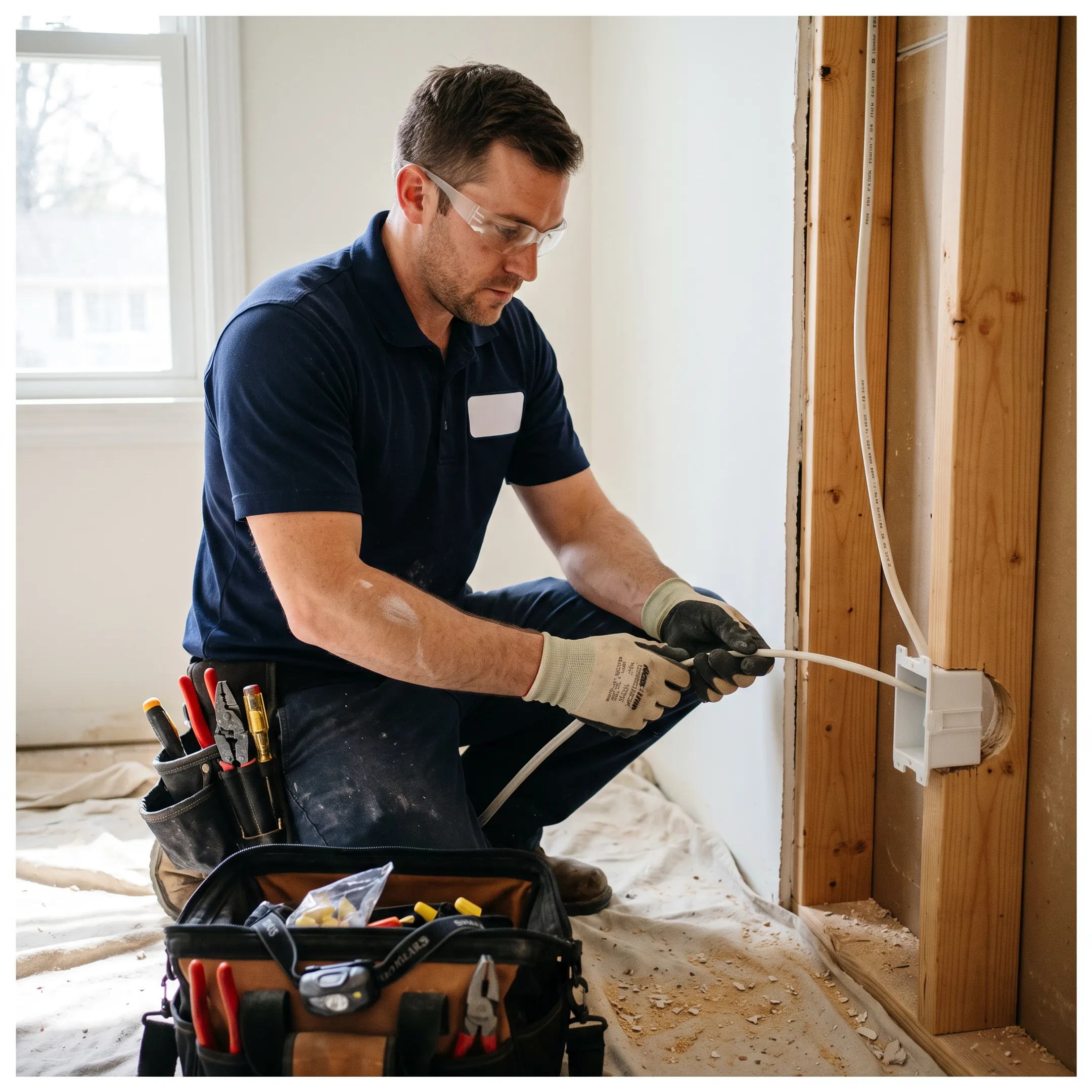 Electrician installing wiring in a home