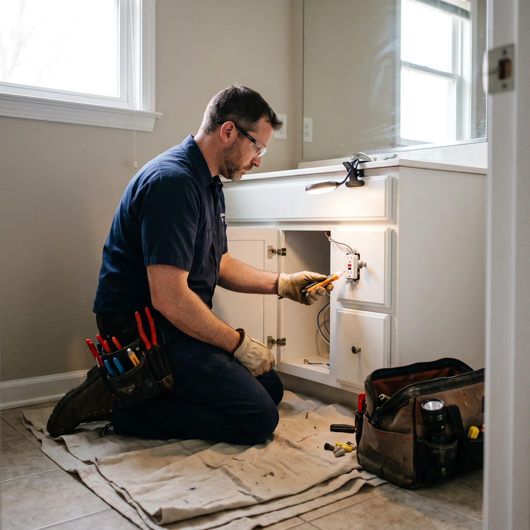 Plumber inspecting bathroom plumbing