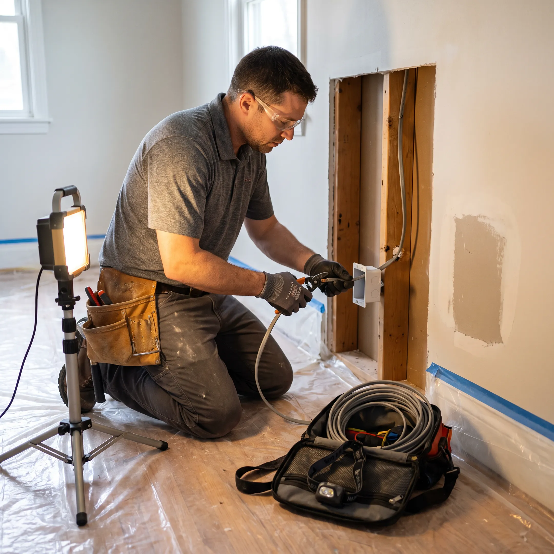 Electrician installing modern residential wiring