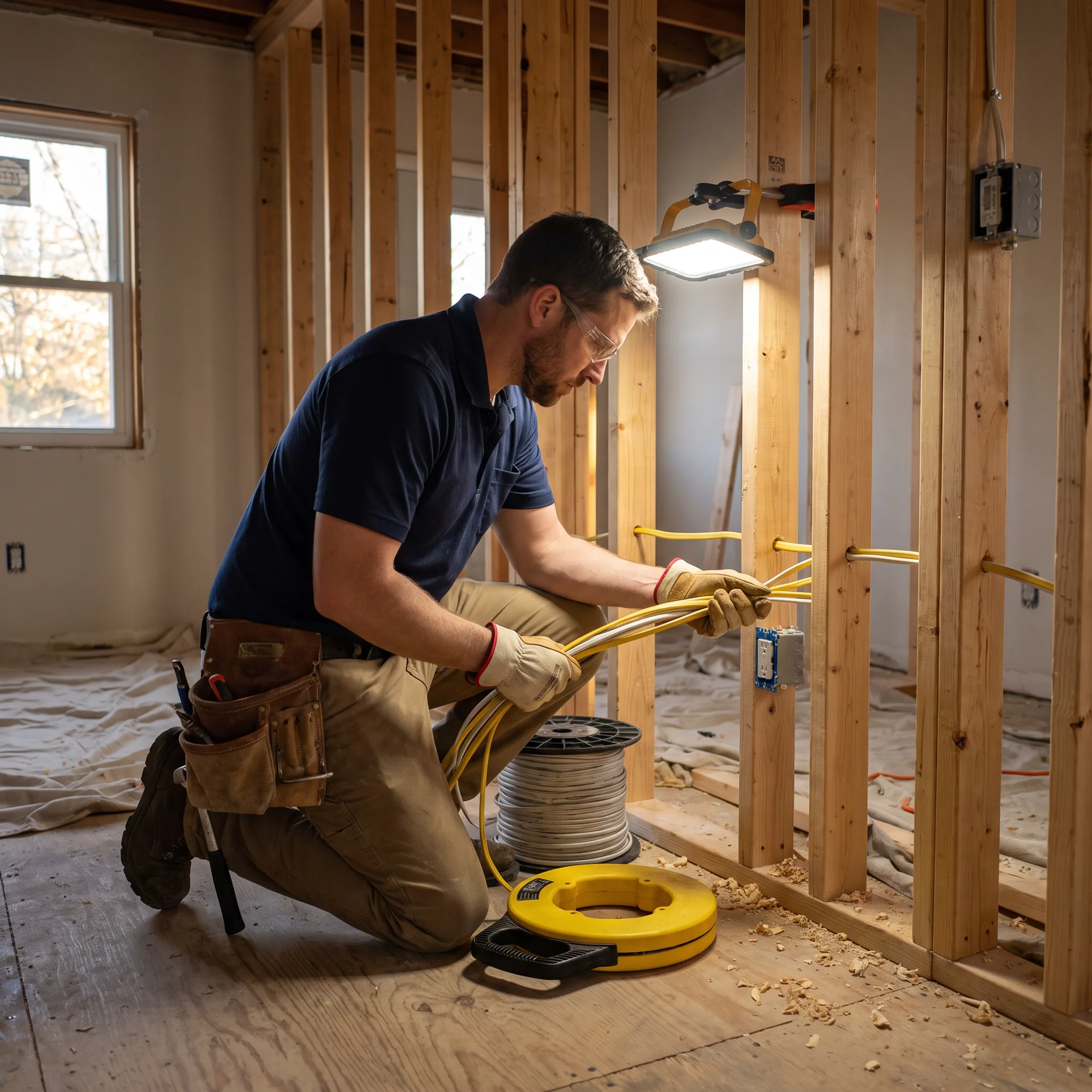 Electrician installing wiring in a modern building