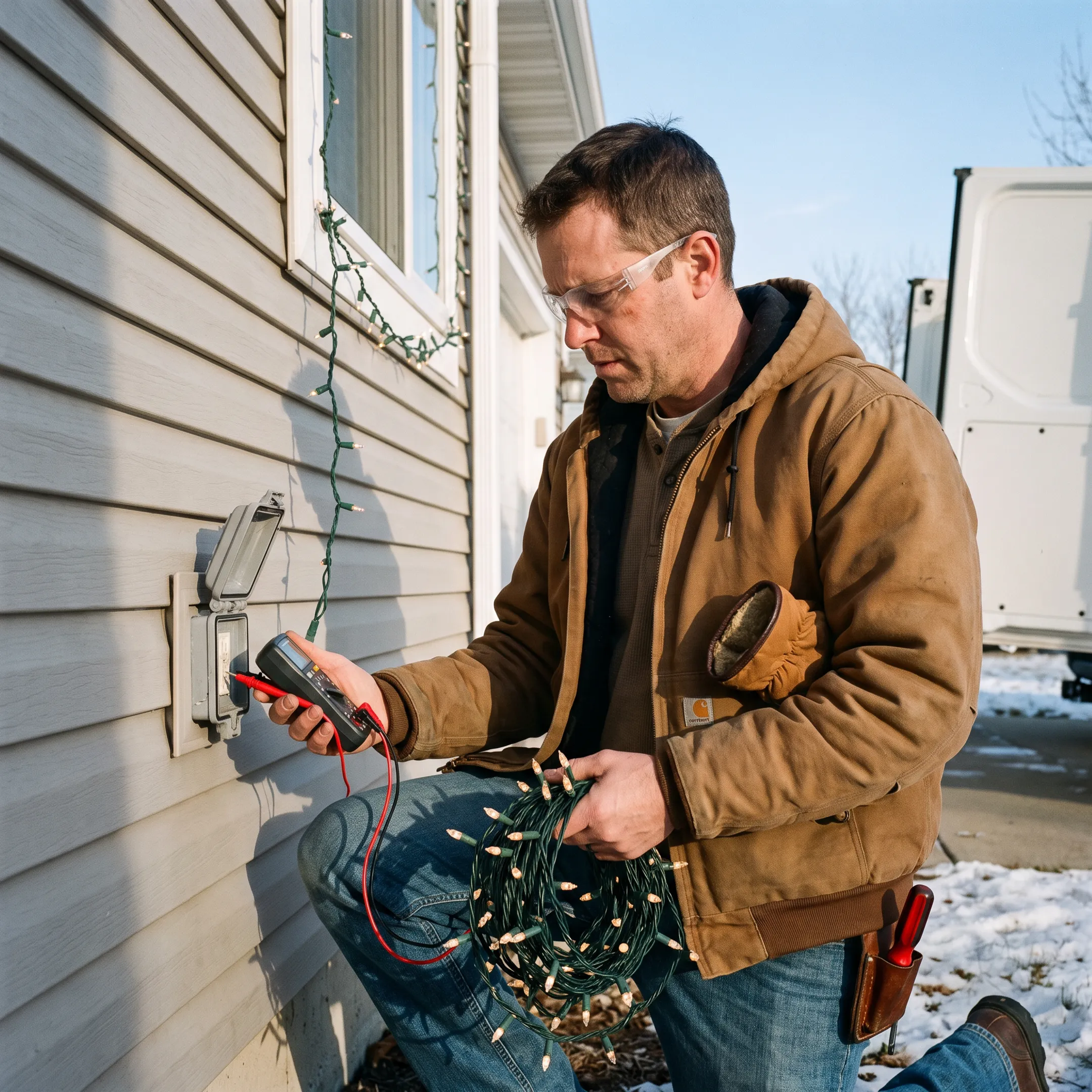 Electrician preparing outdoor holiday lighting connections