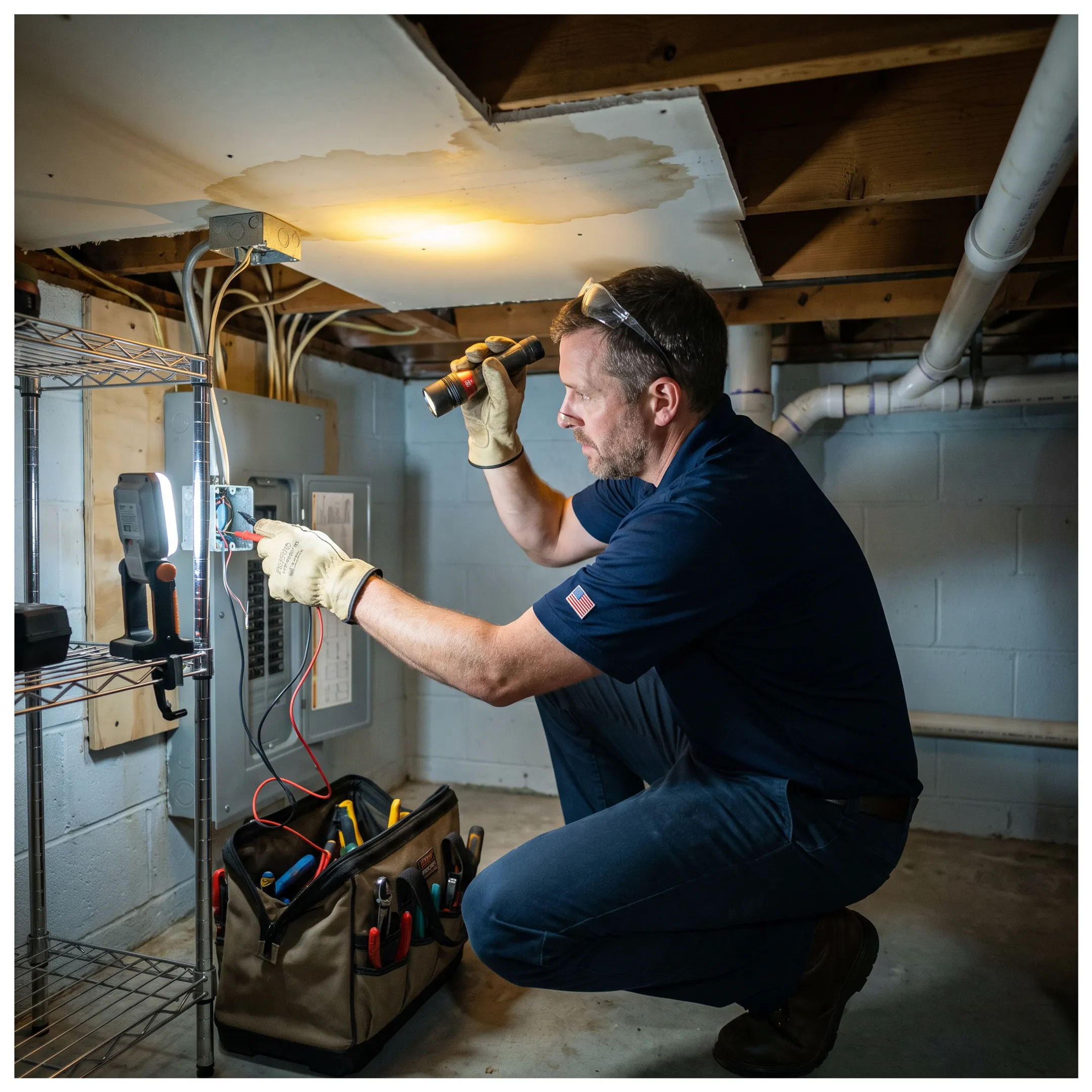 Technician inspecting emergency plumbing damage