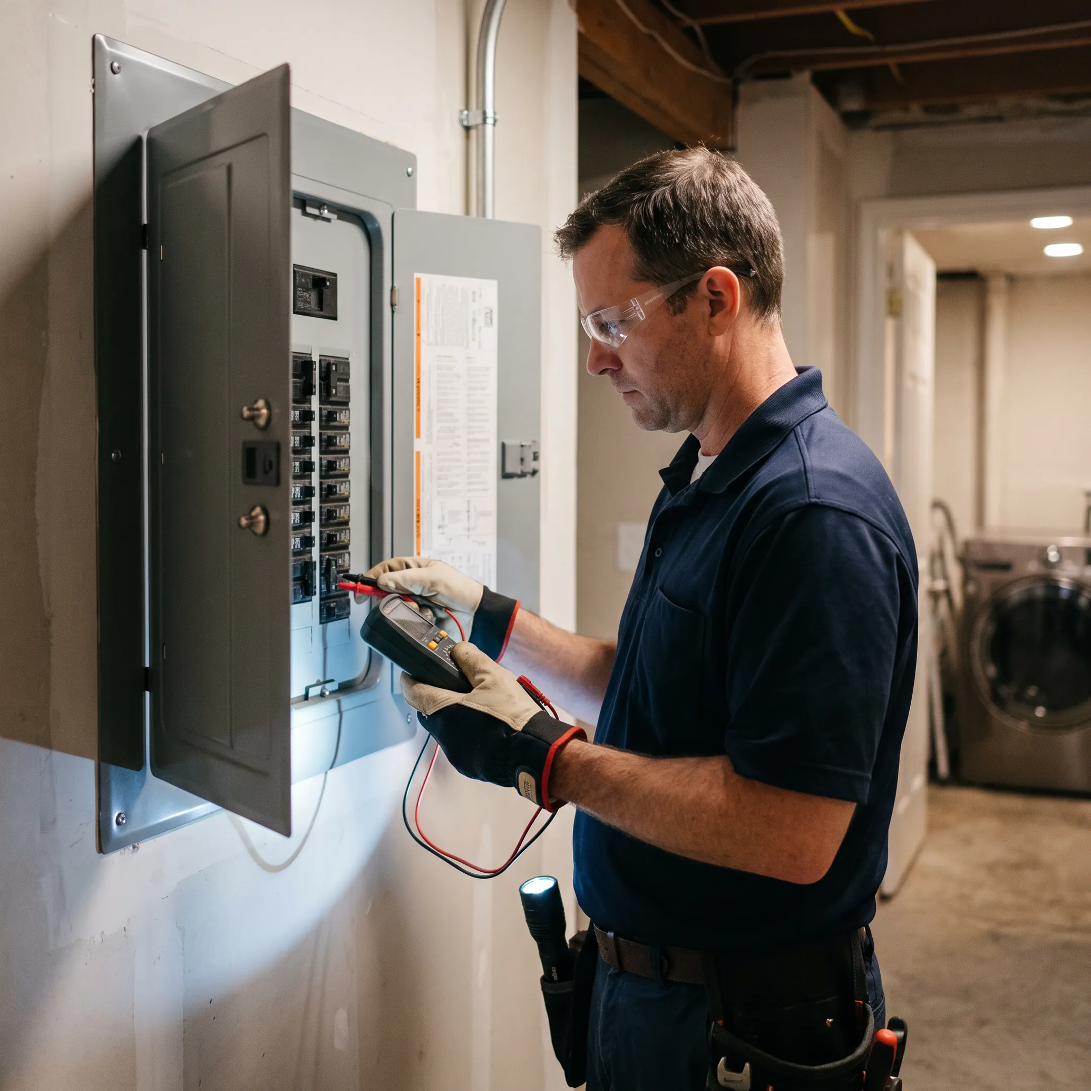 Electrician inspecting circuit breakers during an urgent repair