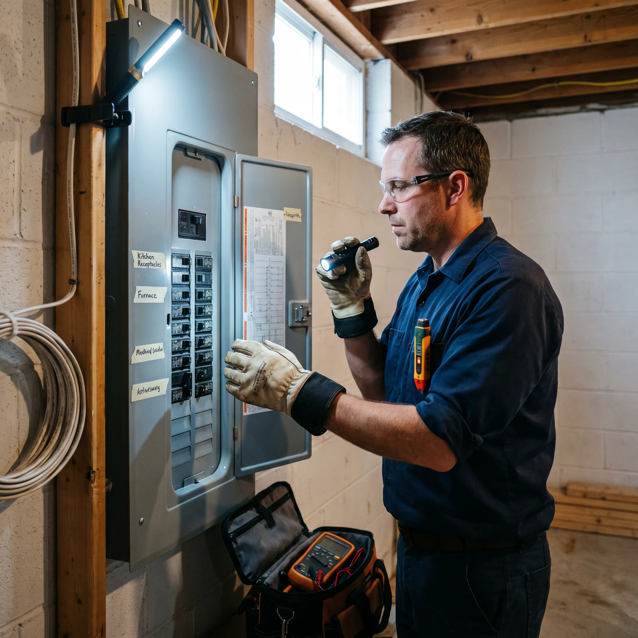Electrician inspecting a residential circuit breaker panel