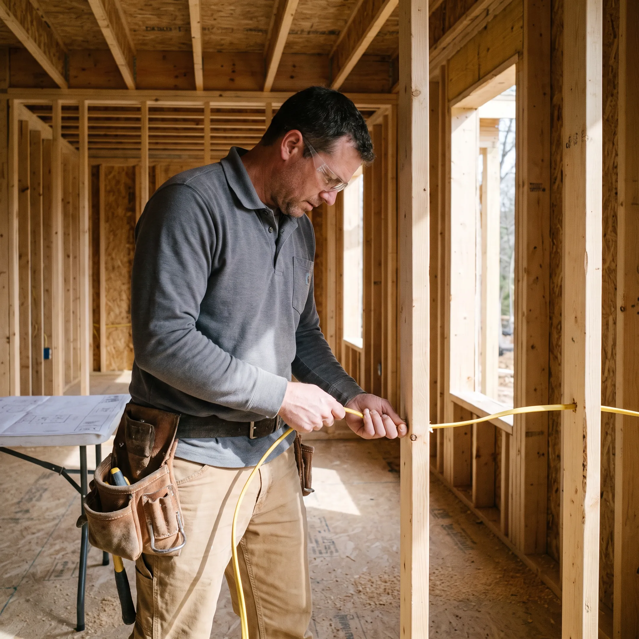 Electrician installing wiring in framed building