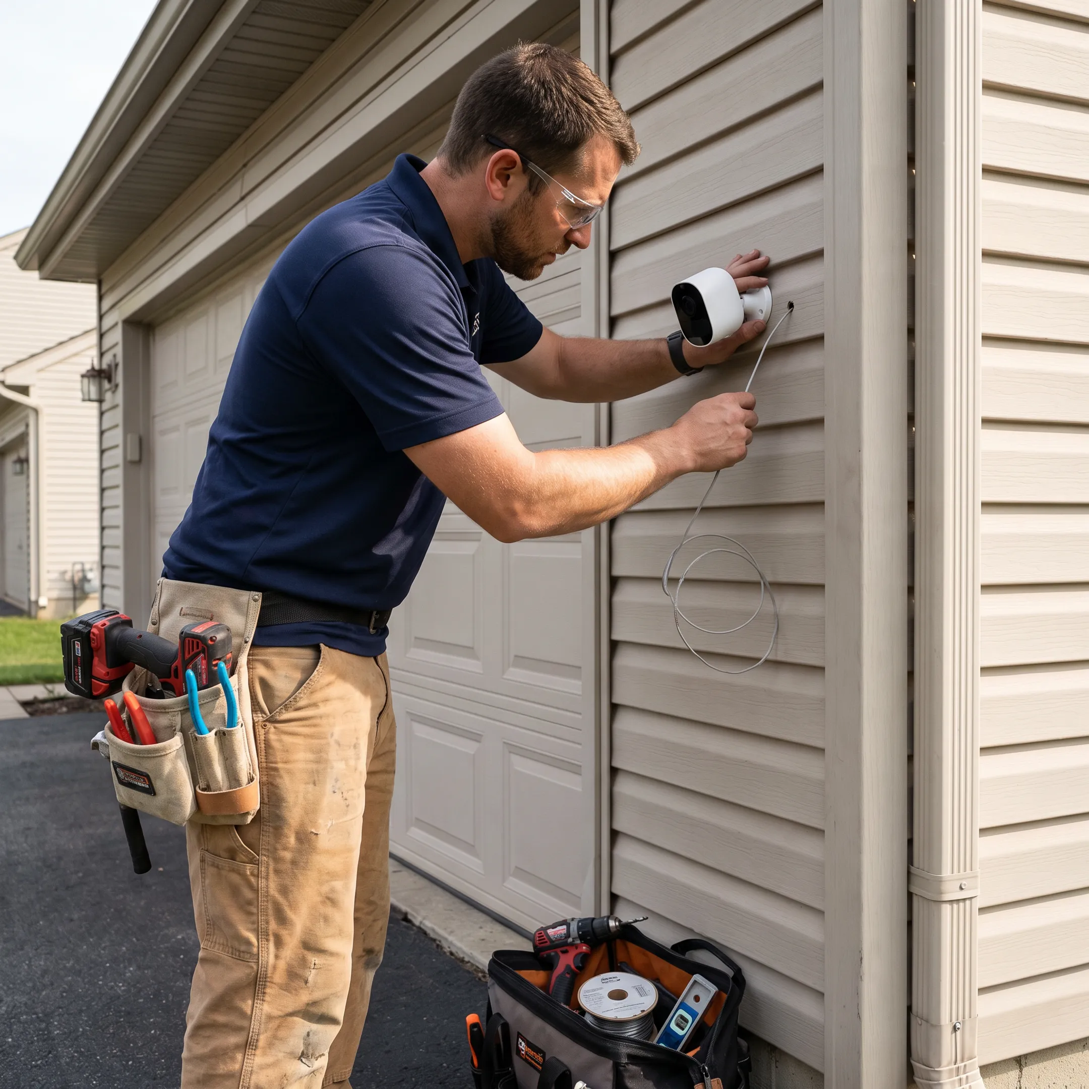 Technician wiring a home security camera