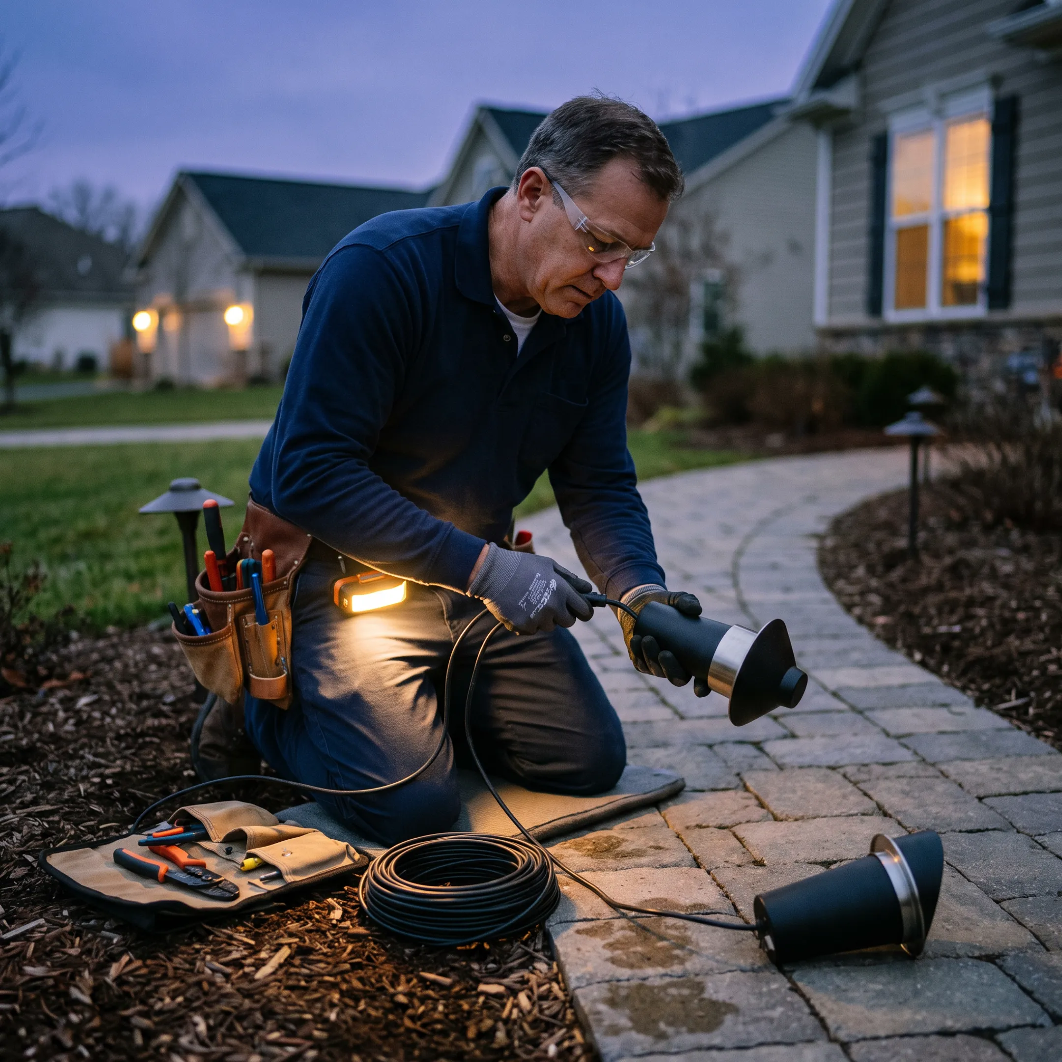 Electrician installing outdoor landscape lighting