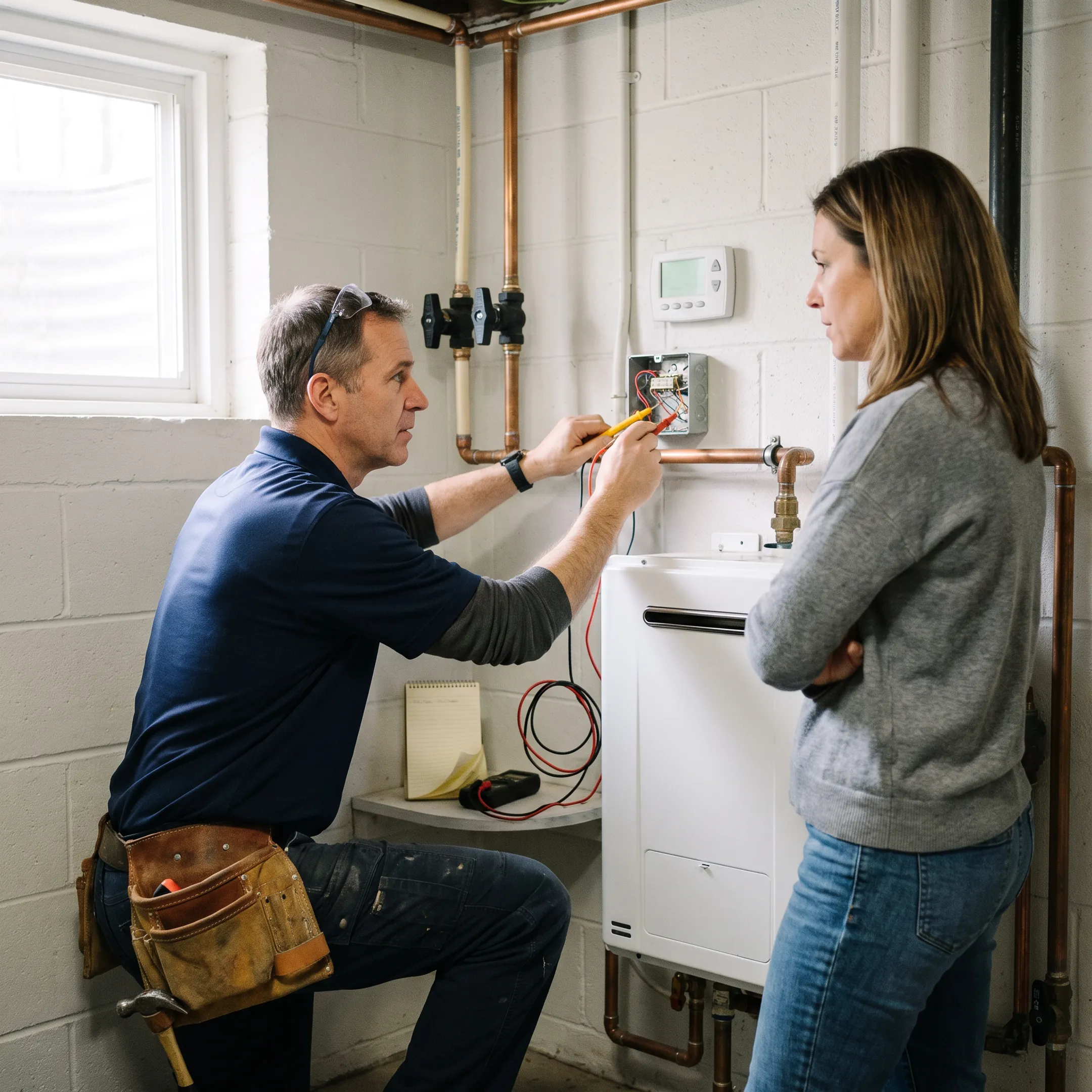 Technician reviewing plumbing and heating system