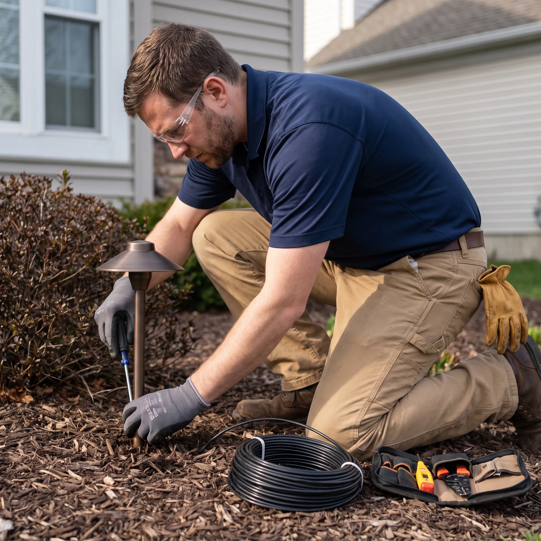 Electrician installing an outdoor landscape light