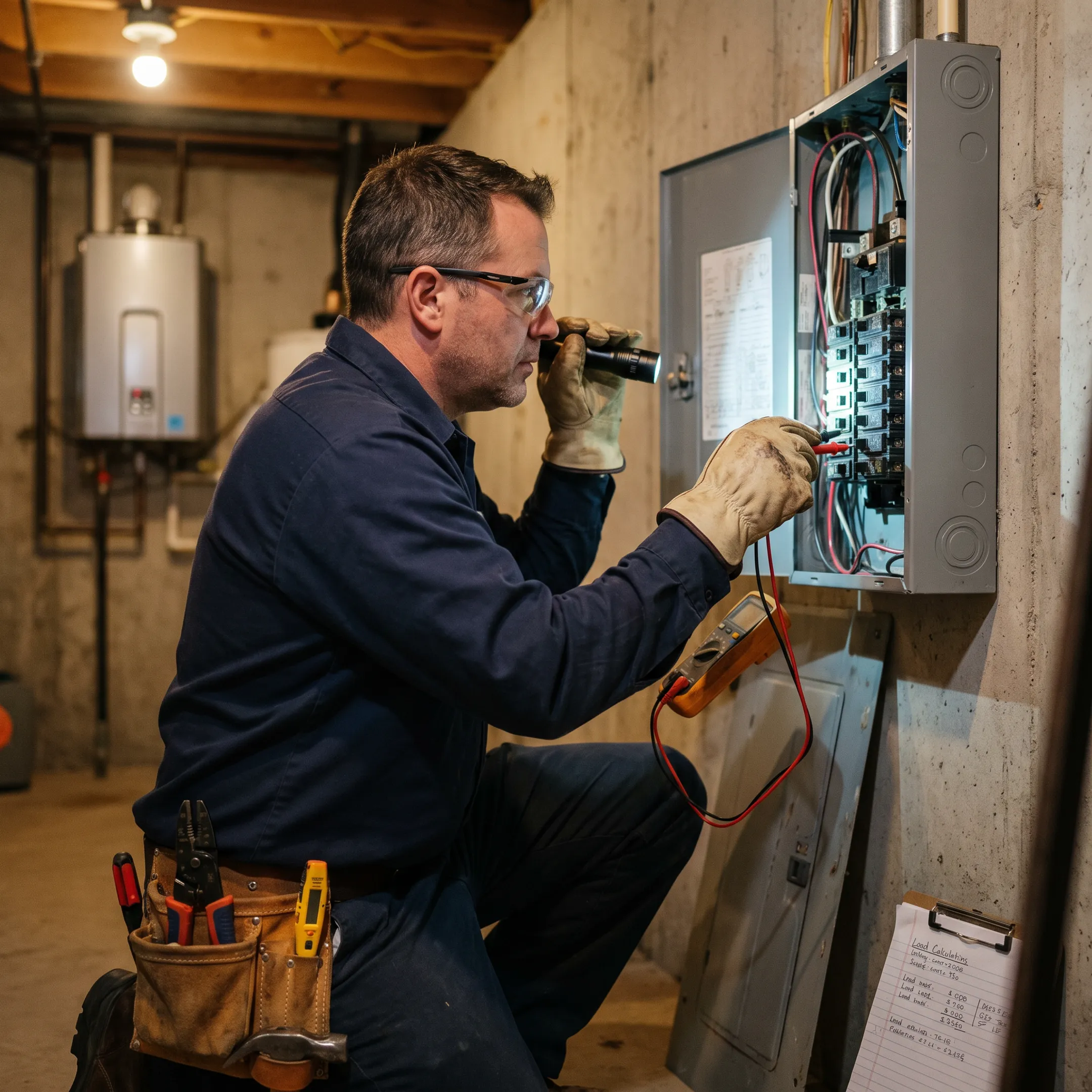 Electrician evaluating a home's panel for tankless heater power