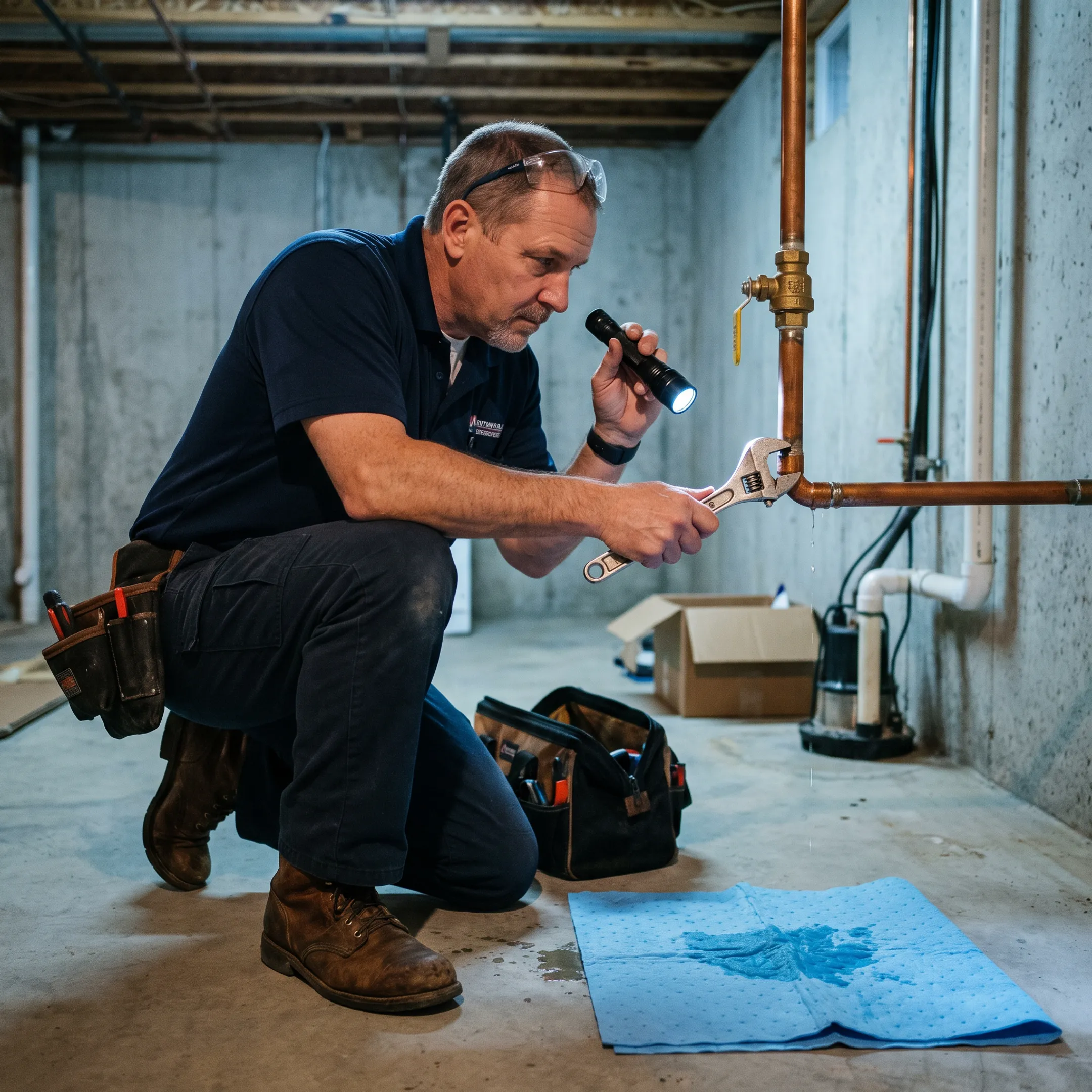 Plumber assessing an emergency pipe leak