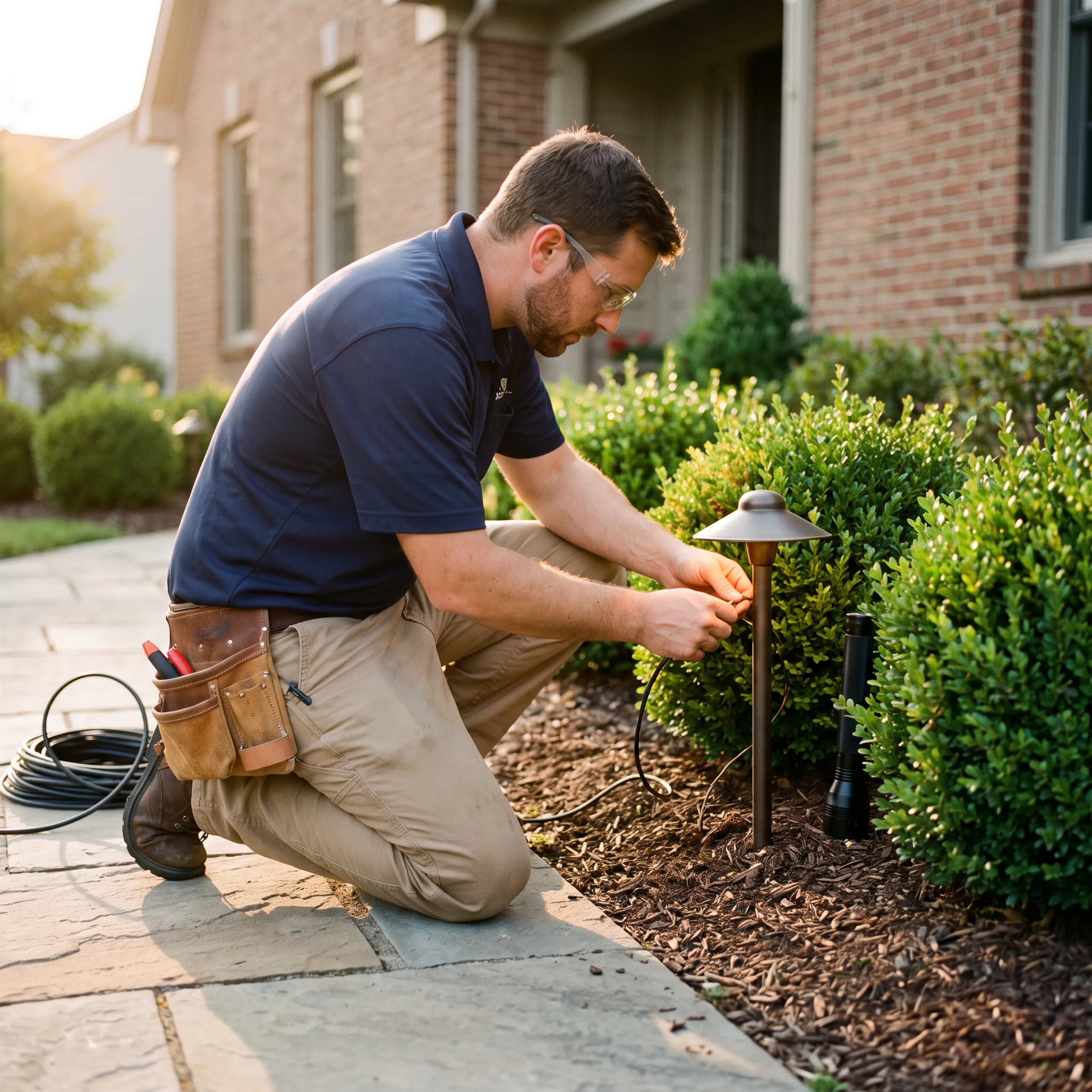 Electrician installing landscape light