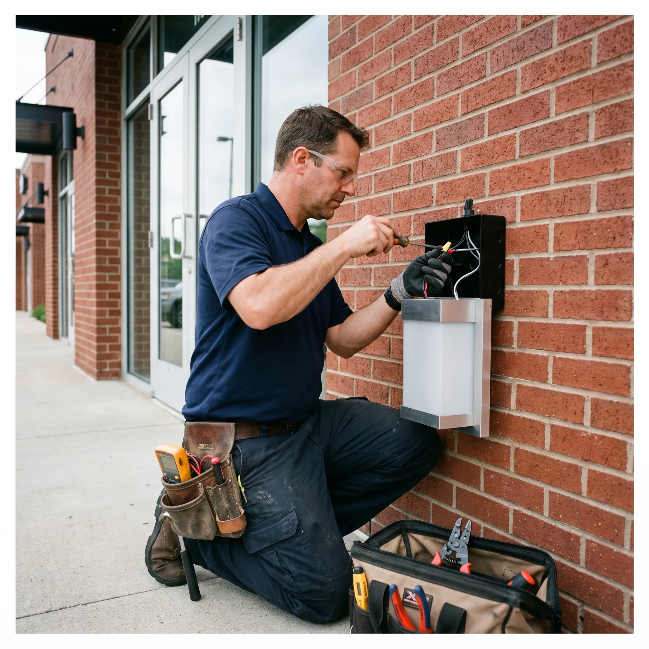 Electrician installing an exterior wall light