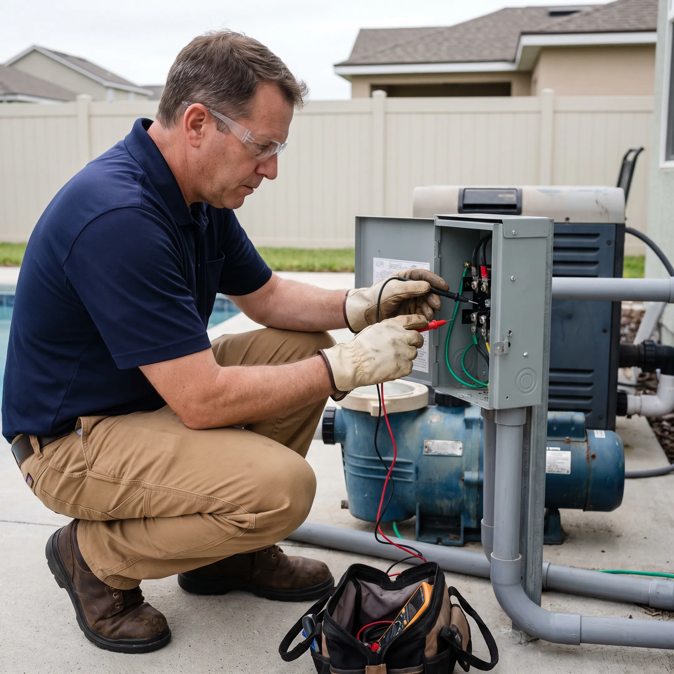 Electrician inspecting pool equipment wiring