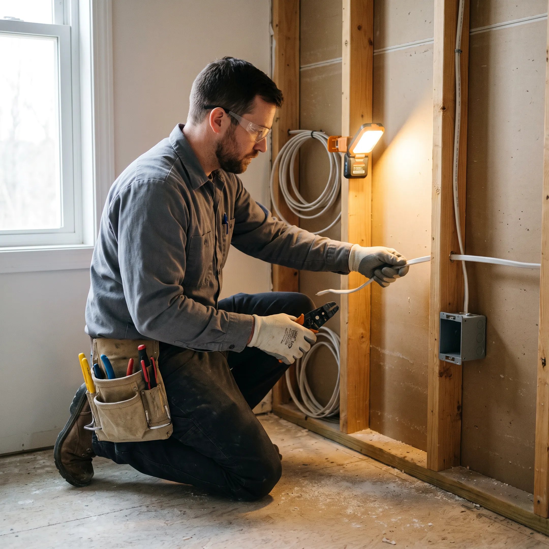 Electrician installing wiring in a residential wall
