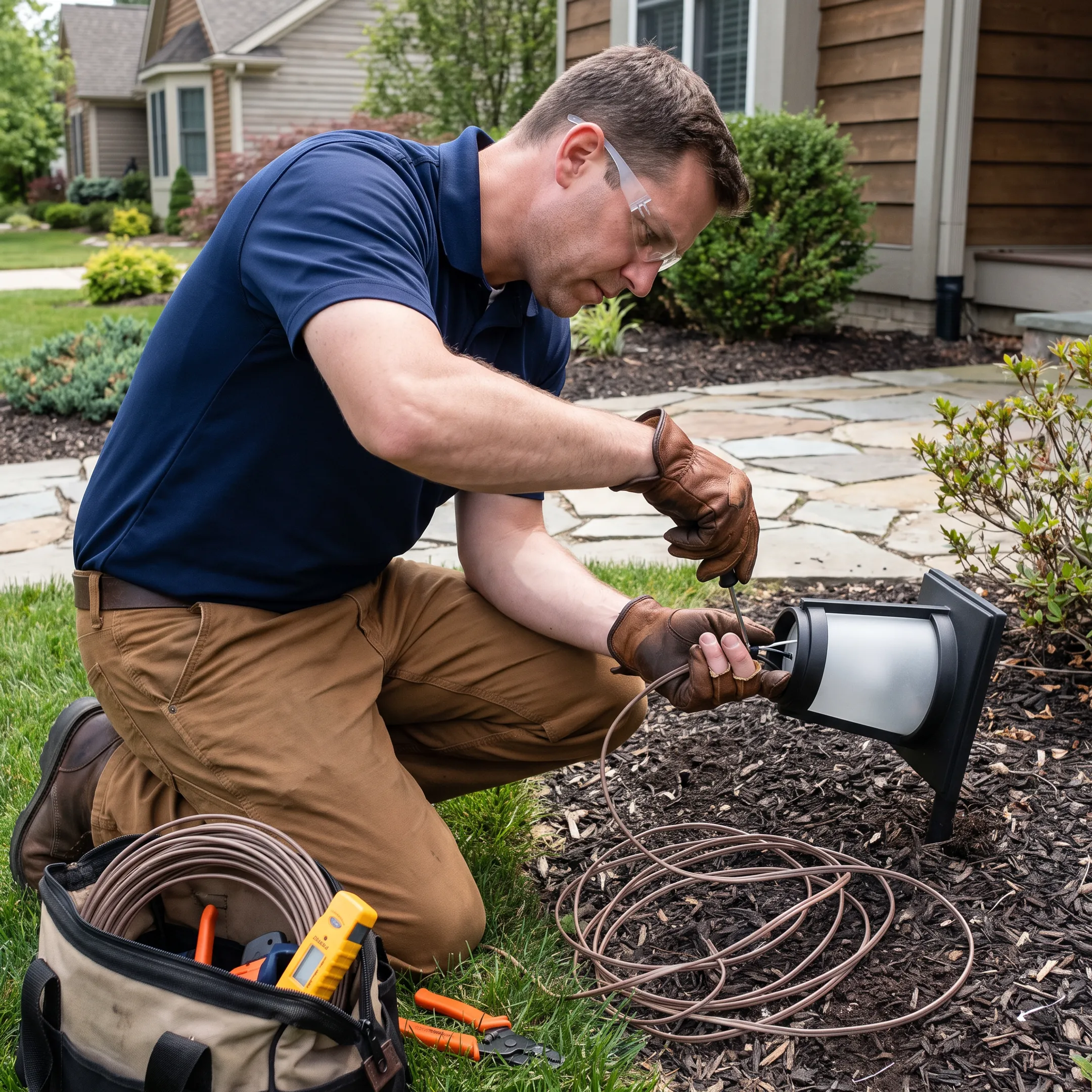 Electrician installing landscape light near garden