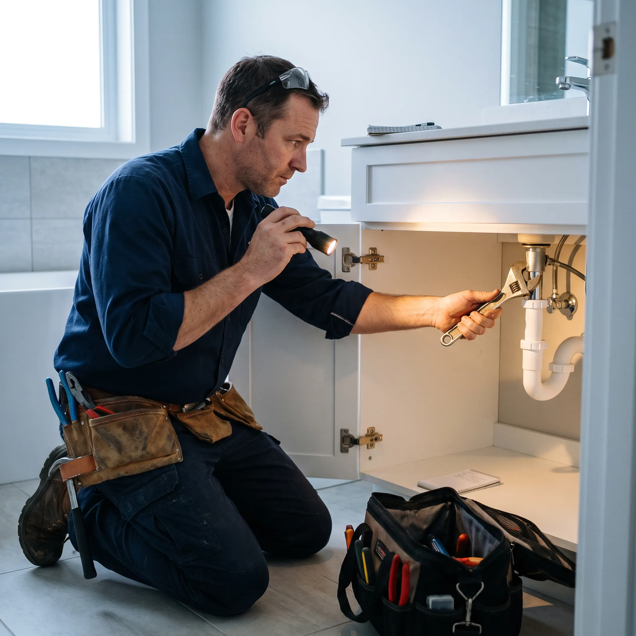Plumber inspecting bathroom sink pipes