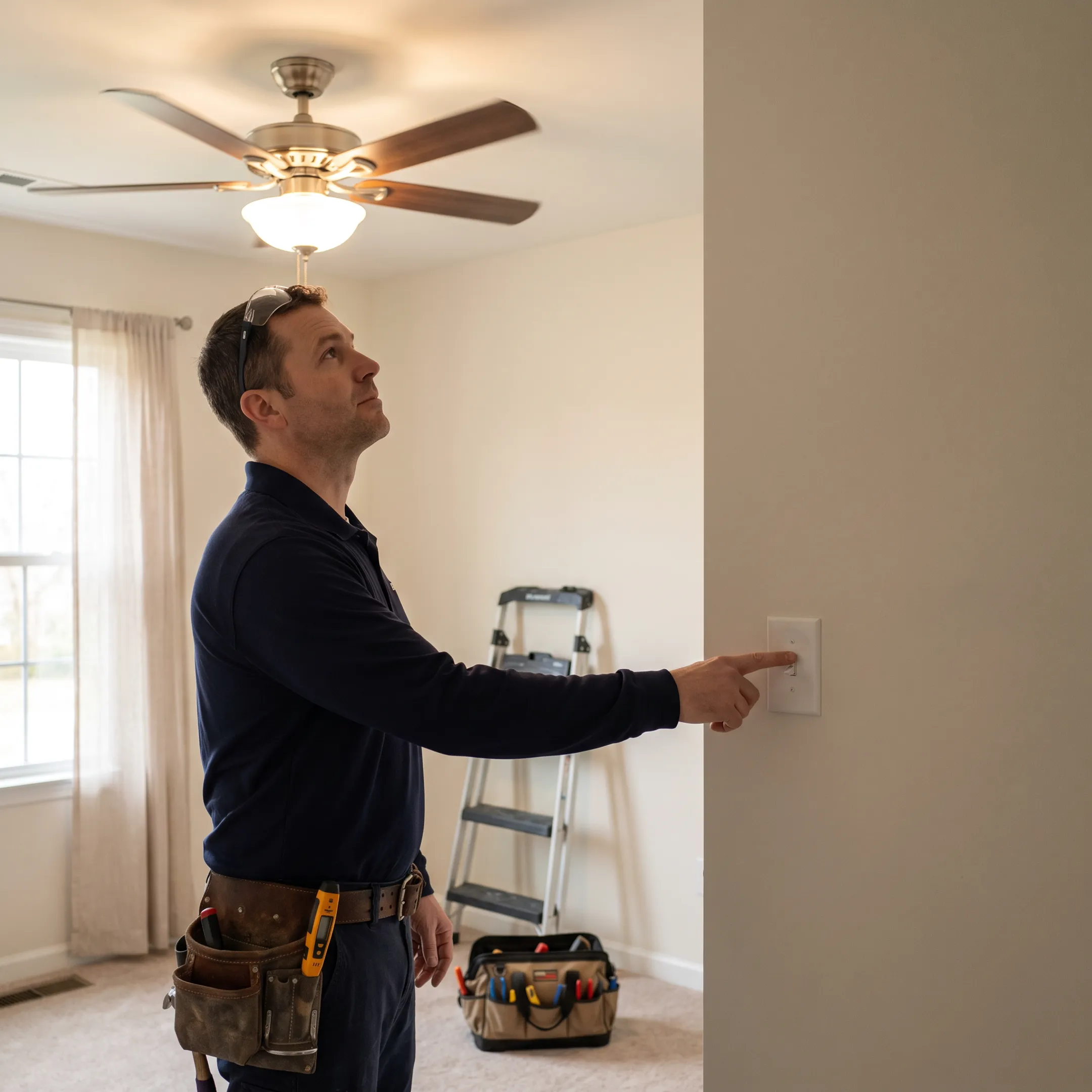 Electrician testing ceiling fan controls