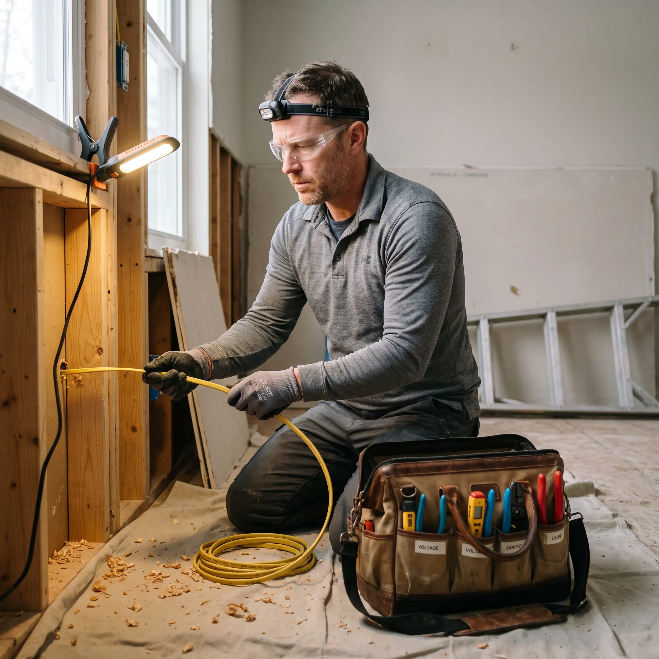 Electrician installing wiring in a home