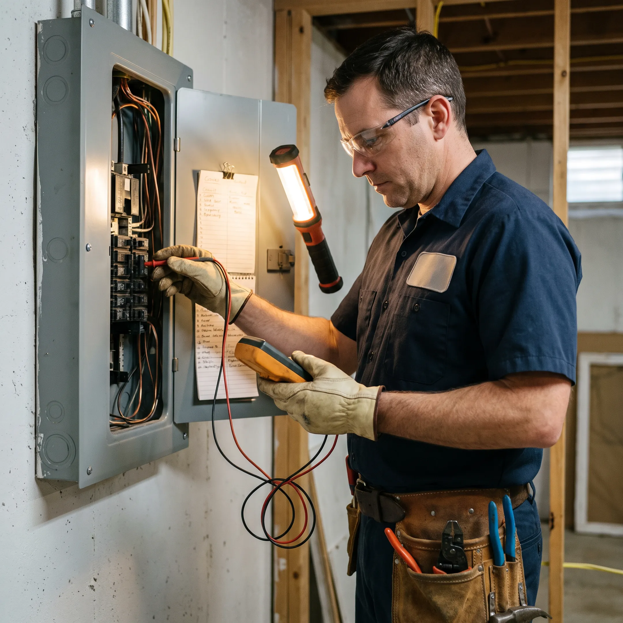 Electrician testing circuits at an electrical panel