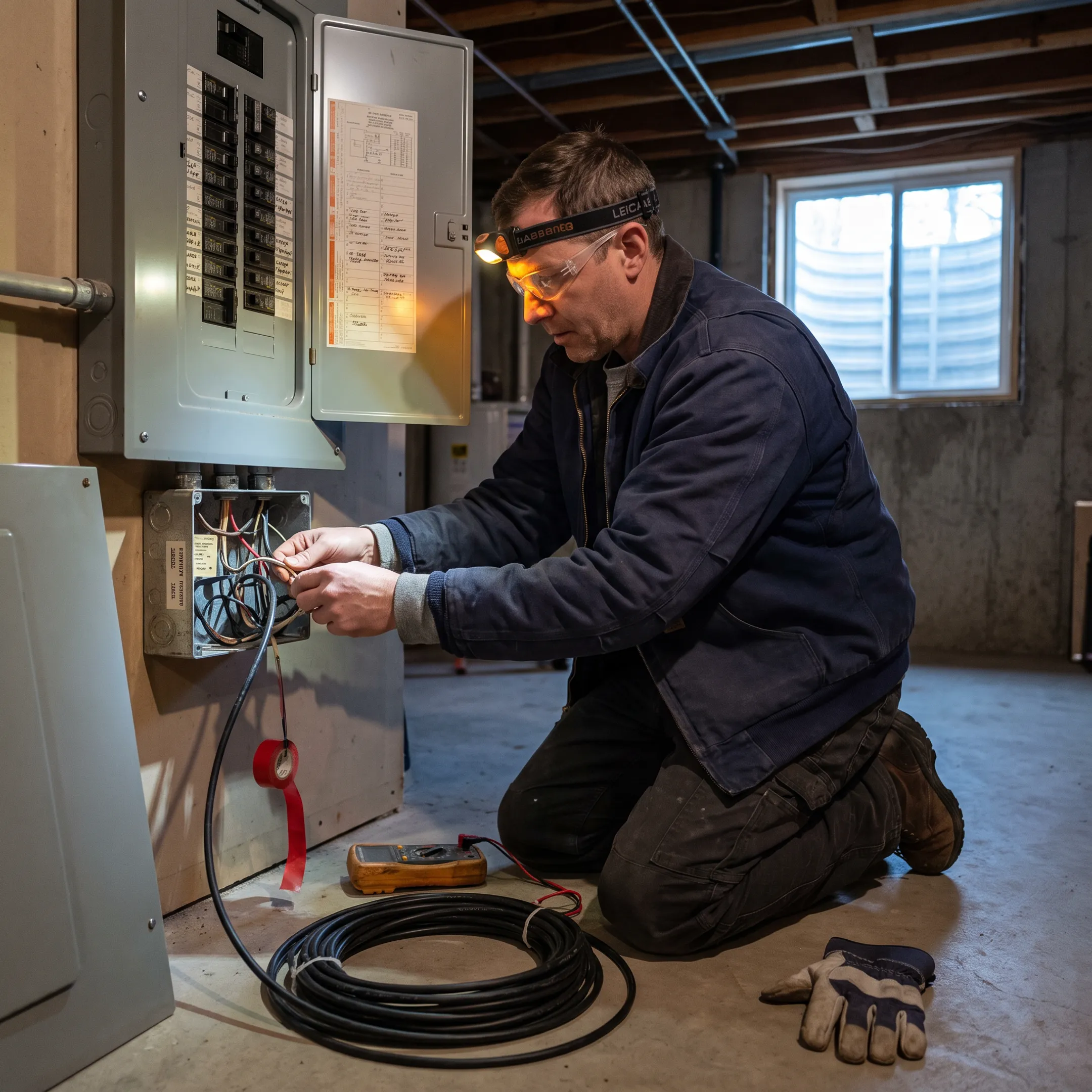 Electrician connecting roof heating cable controls