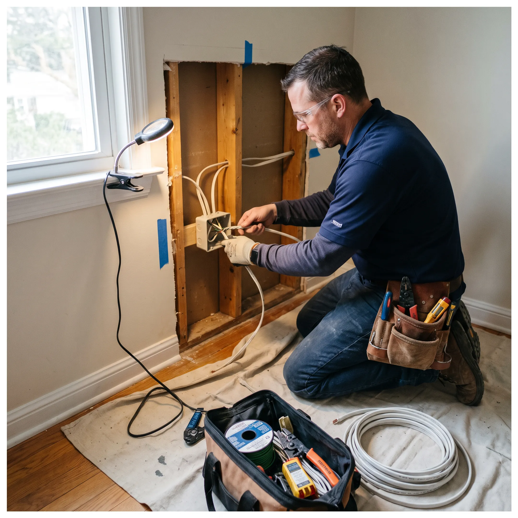 Electrician installing electrical wiring in a home
