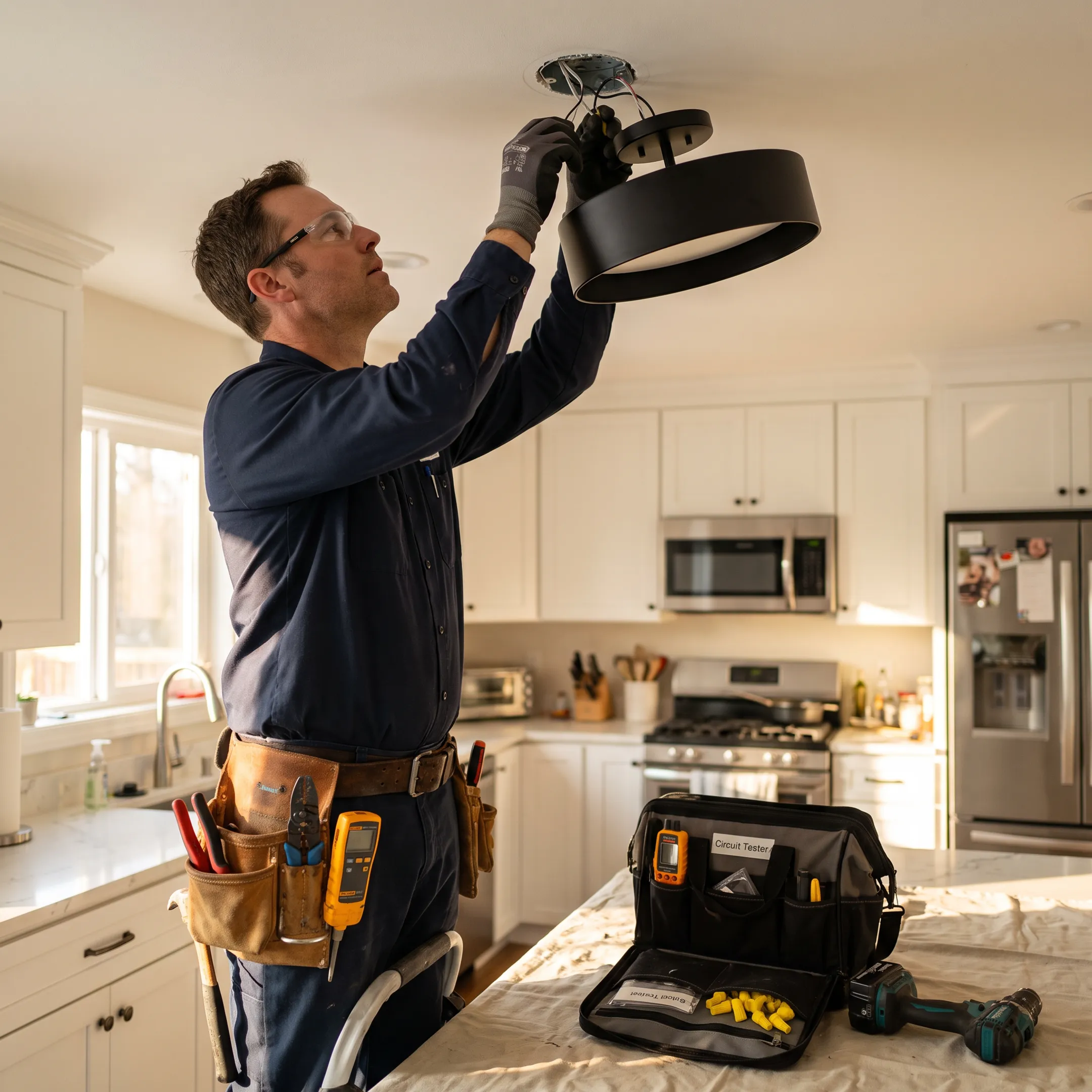 Electrician installing a residential light fixture