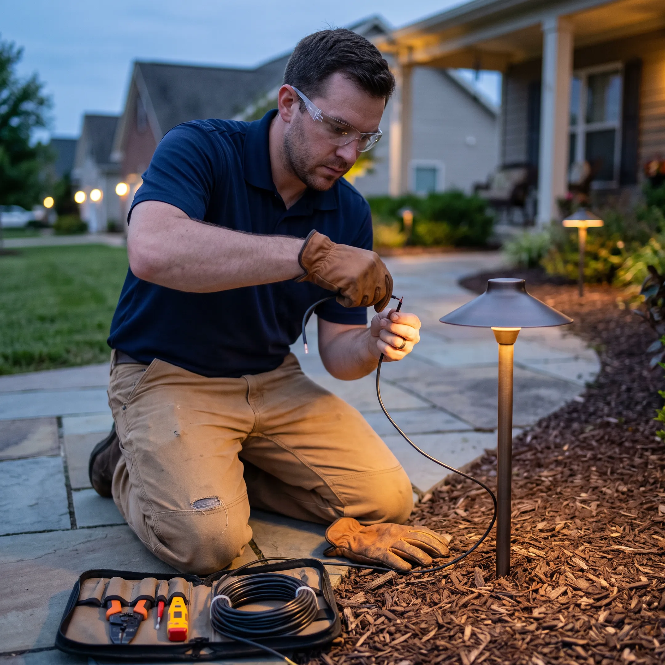 Electrician installing low-voltage landscape lighting