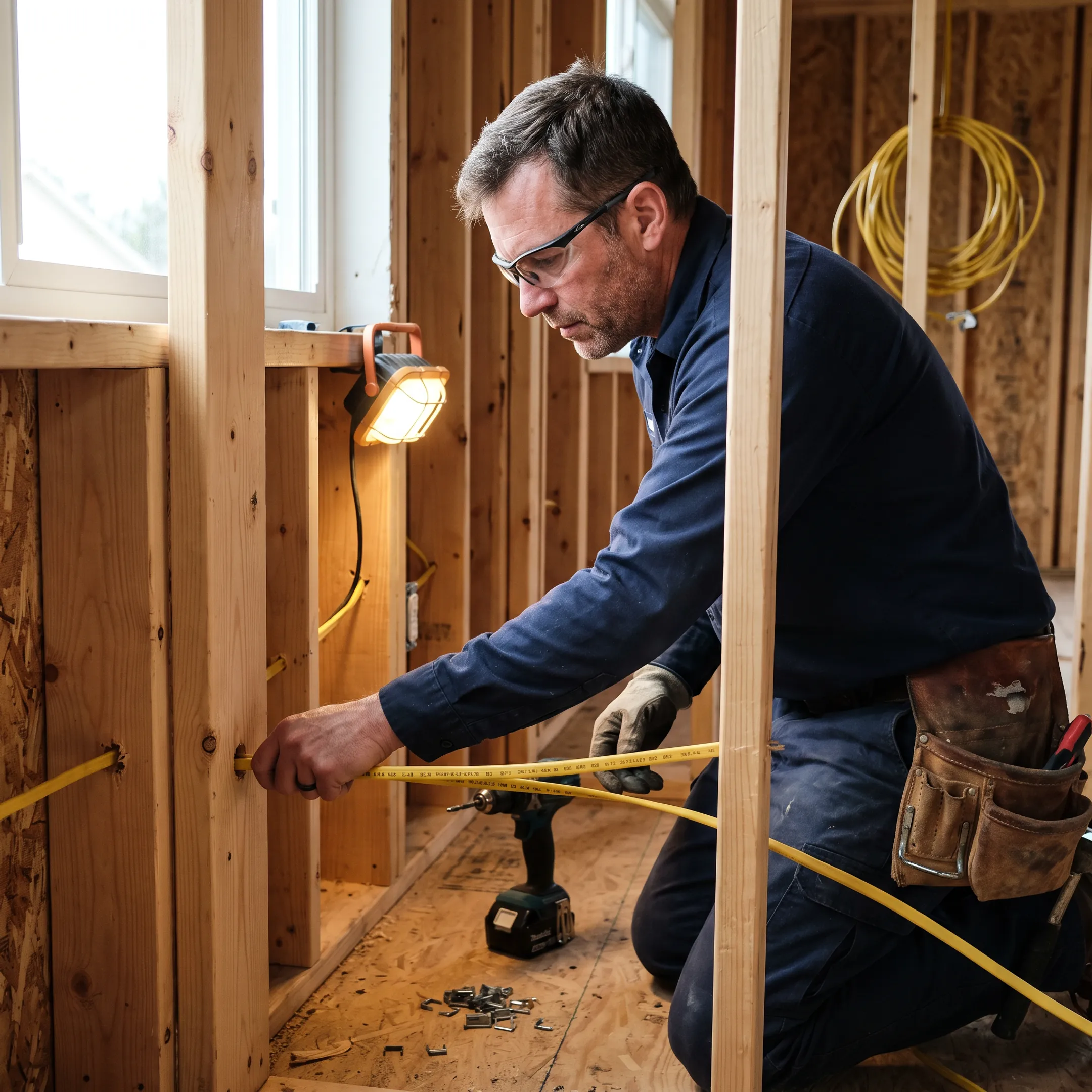 Electrician installing new home electrical wiring