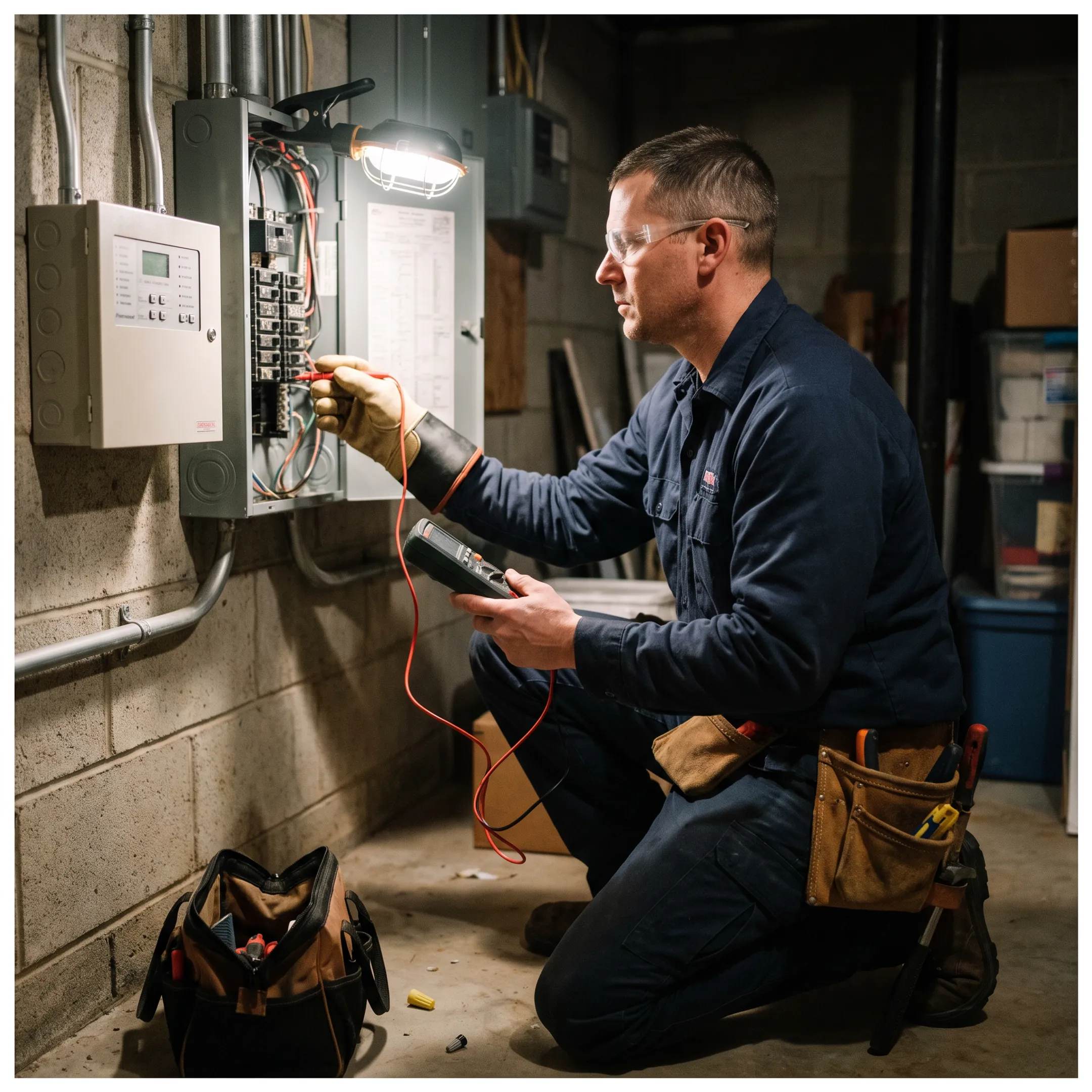 Electrician checking alarm system wiring