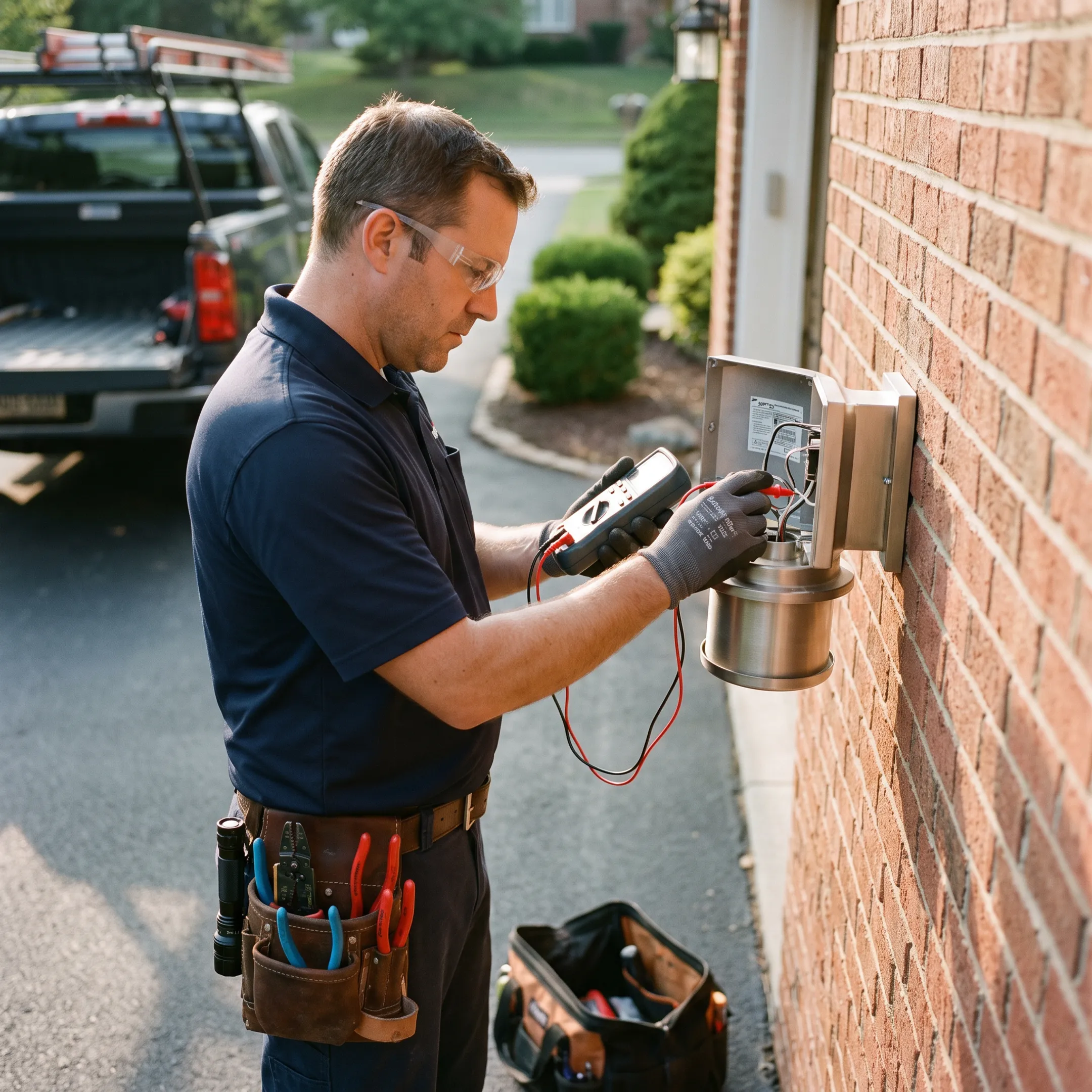 Electrician testing an outdoor light fixture