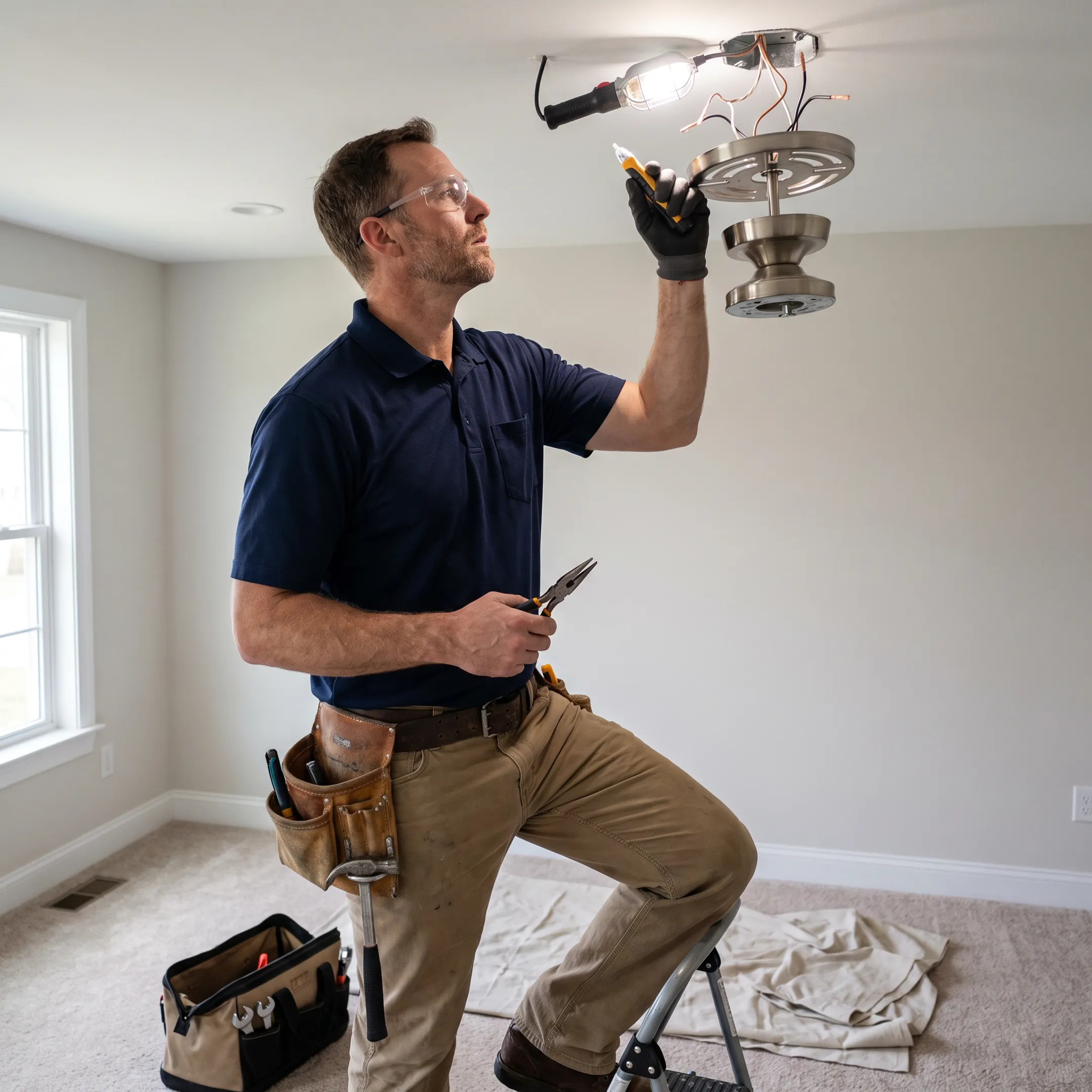 Electrician checking ceiling fan wiring