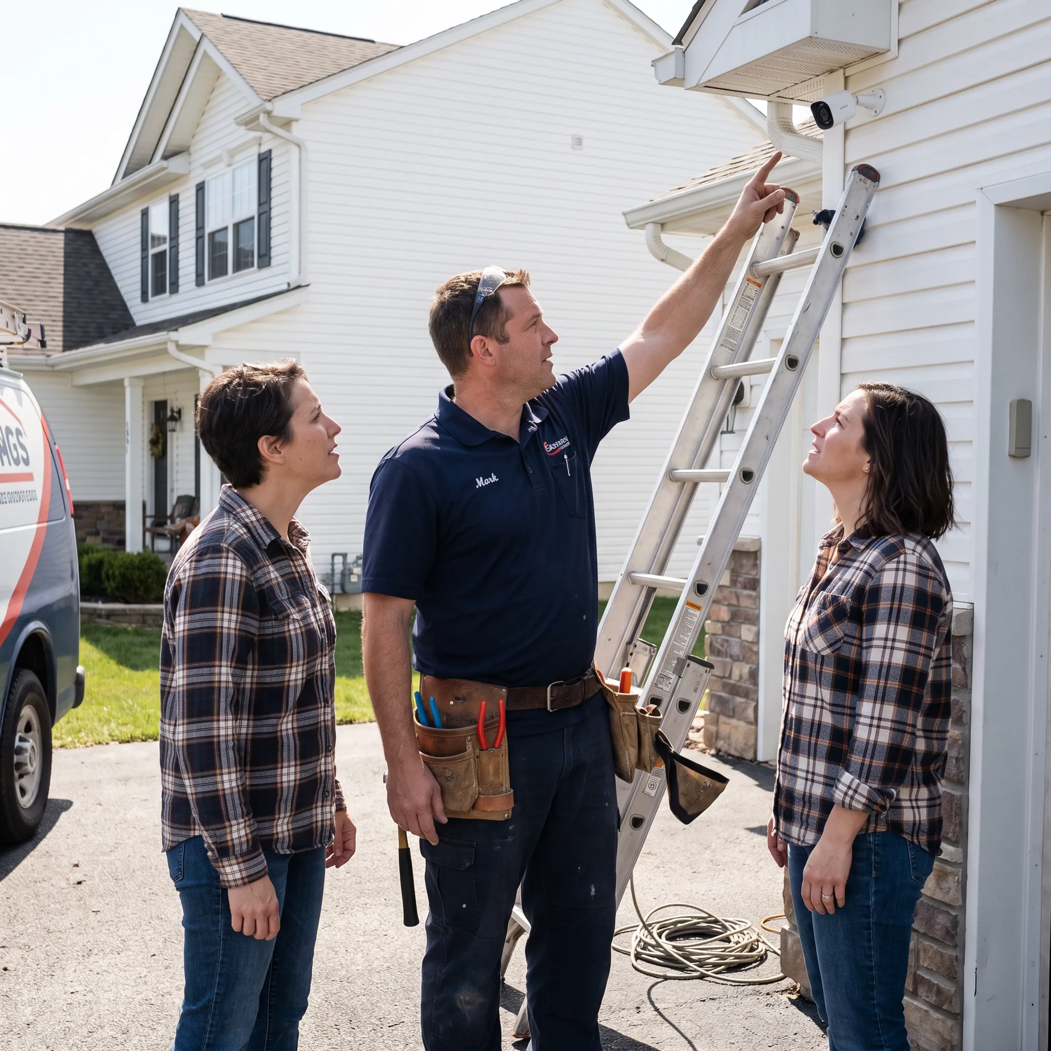 Homeowner reviewing security camera placement with electrician
