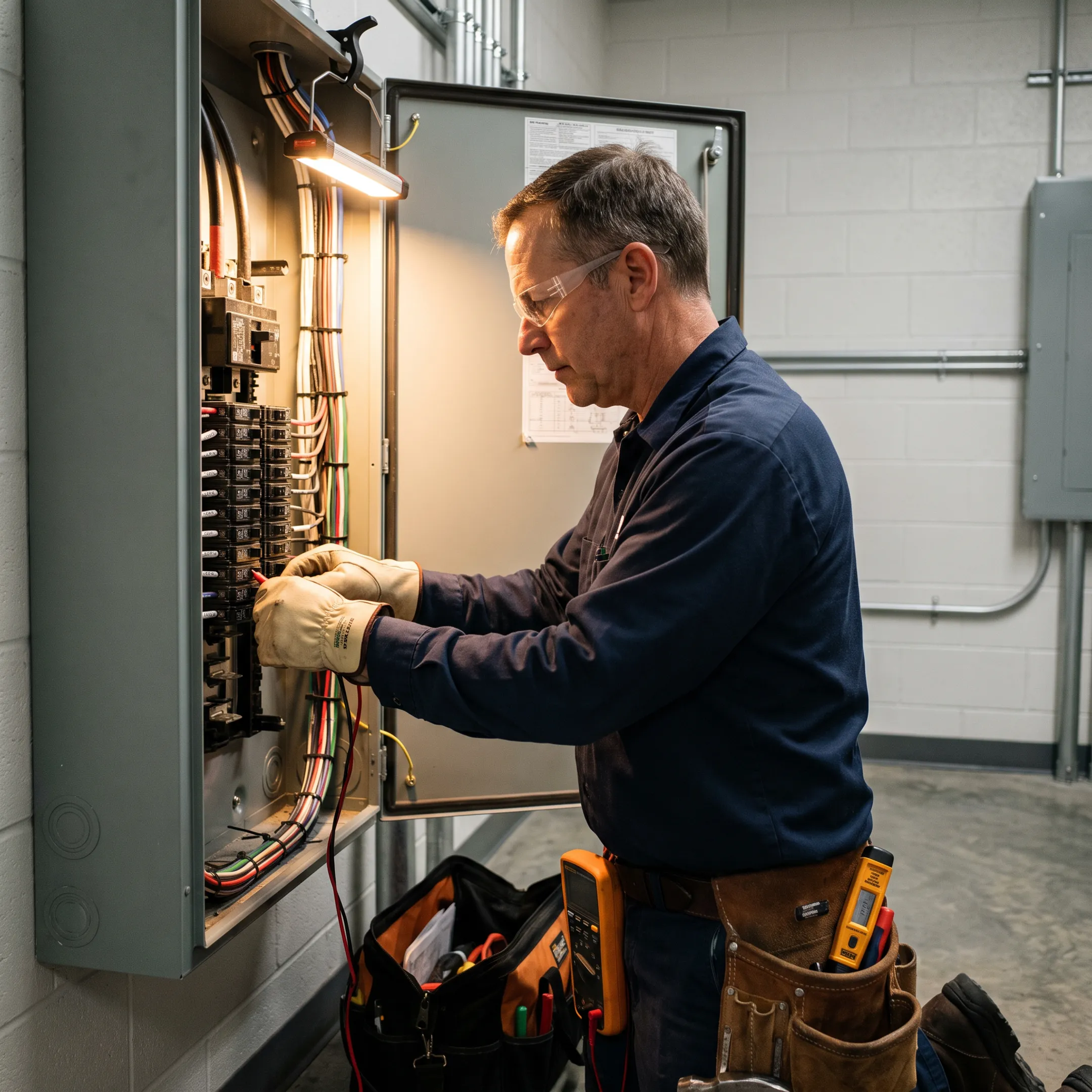 Electrician installing wiring in a commercial panel