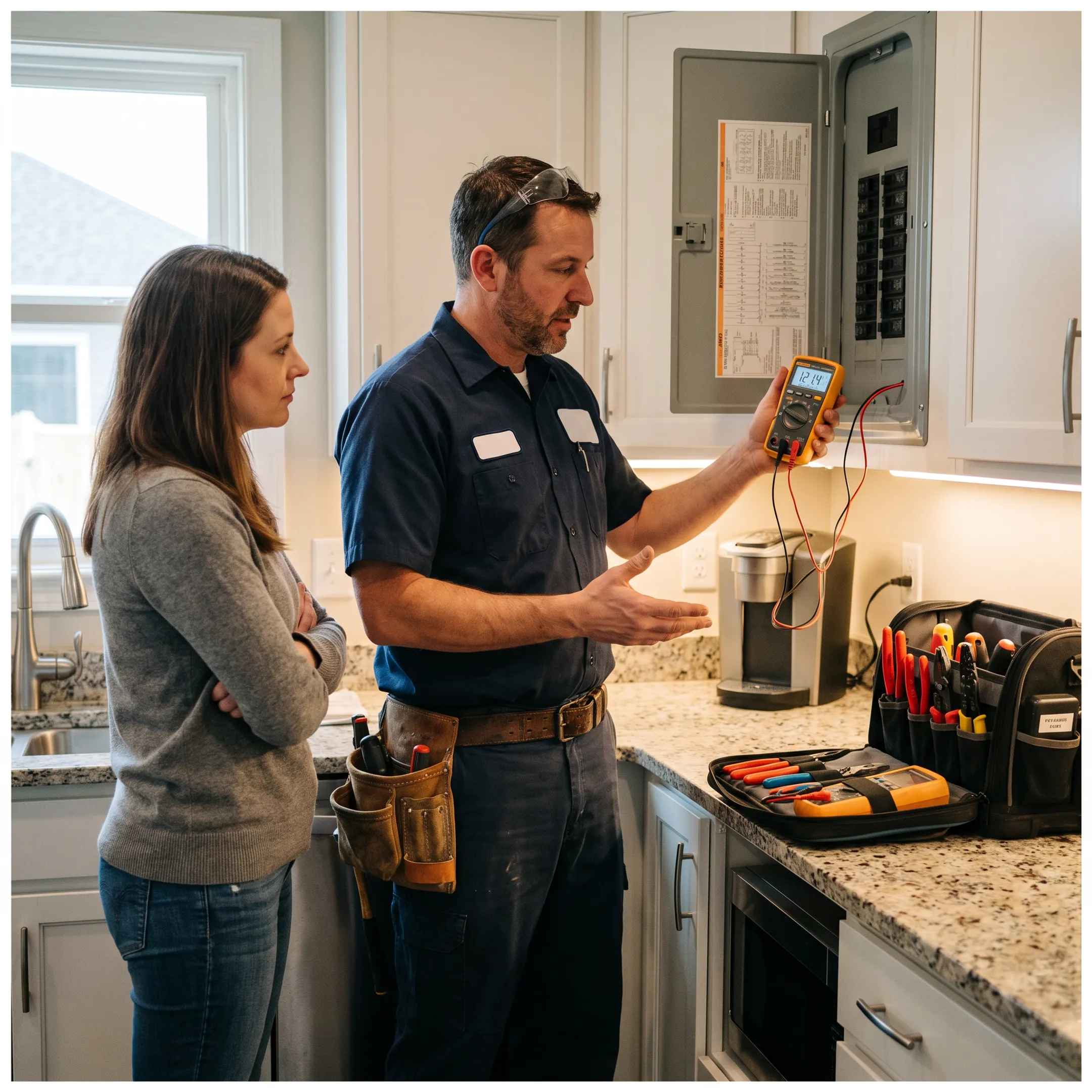 Plumber reviewing plumbing repair with homeowner