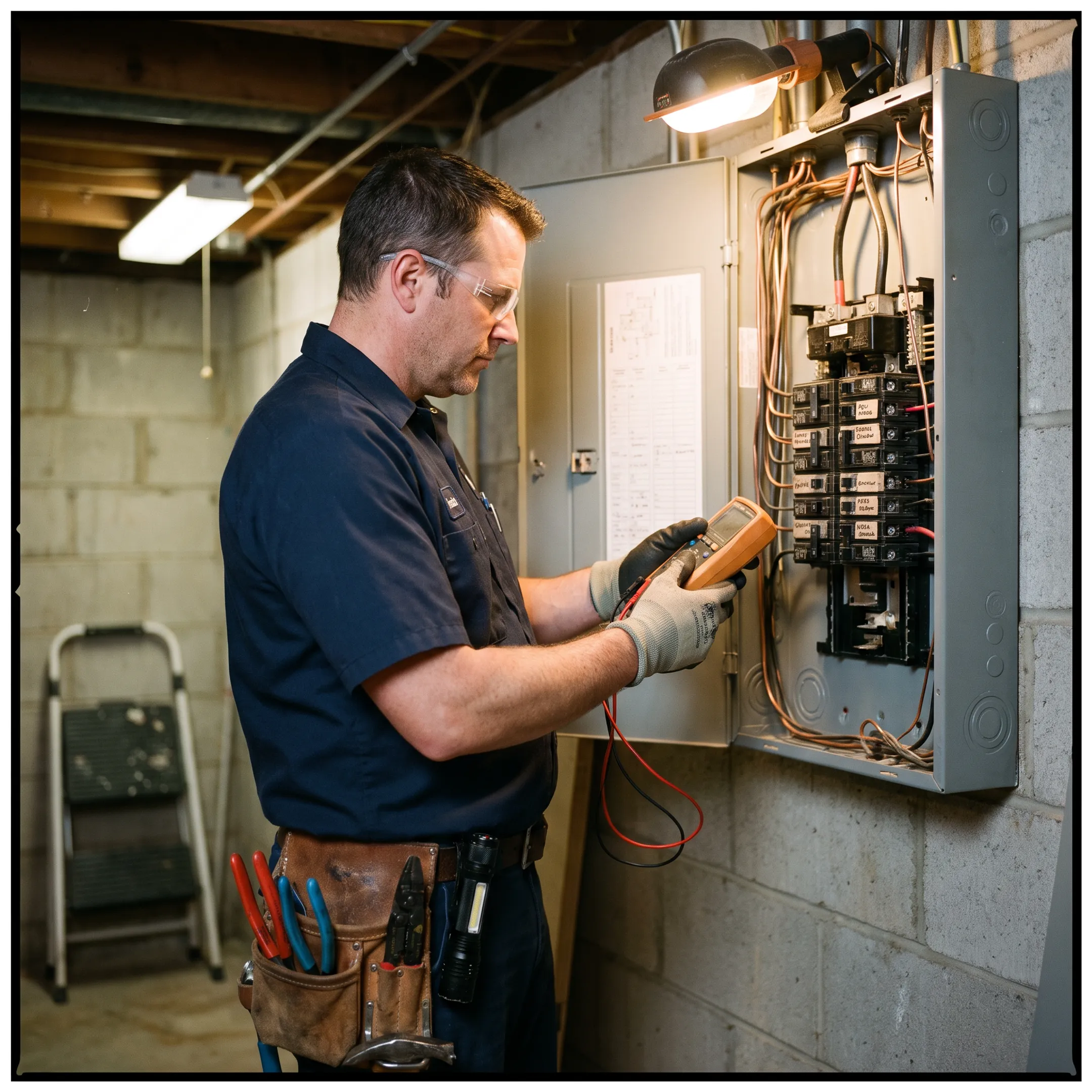 Electrician testing fuse box circuits