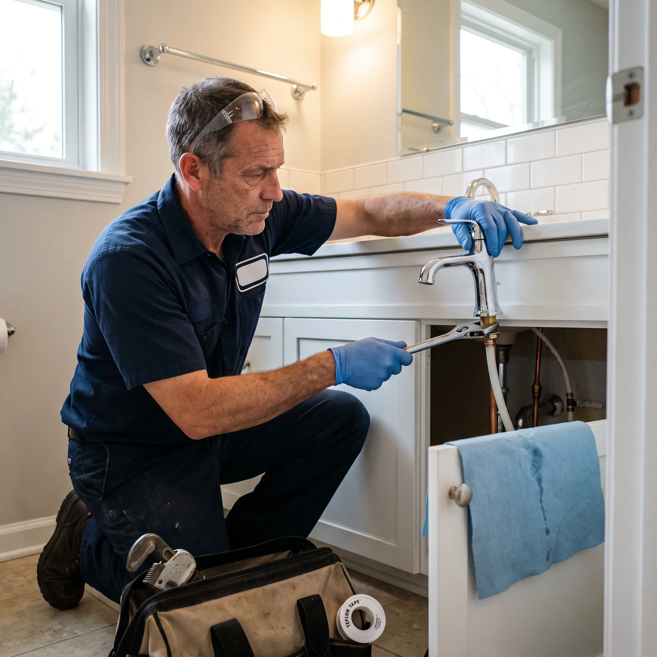 Plumber installing a bathroom faucet