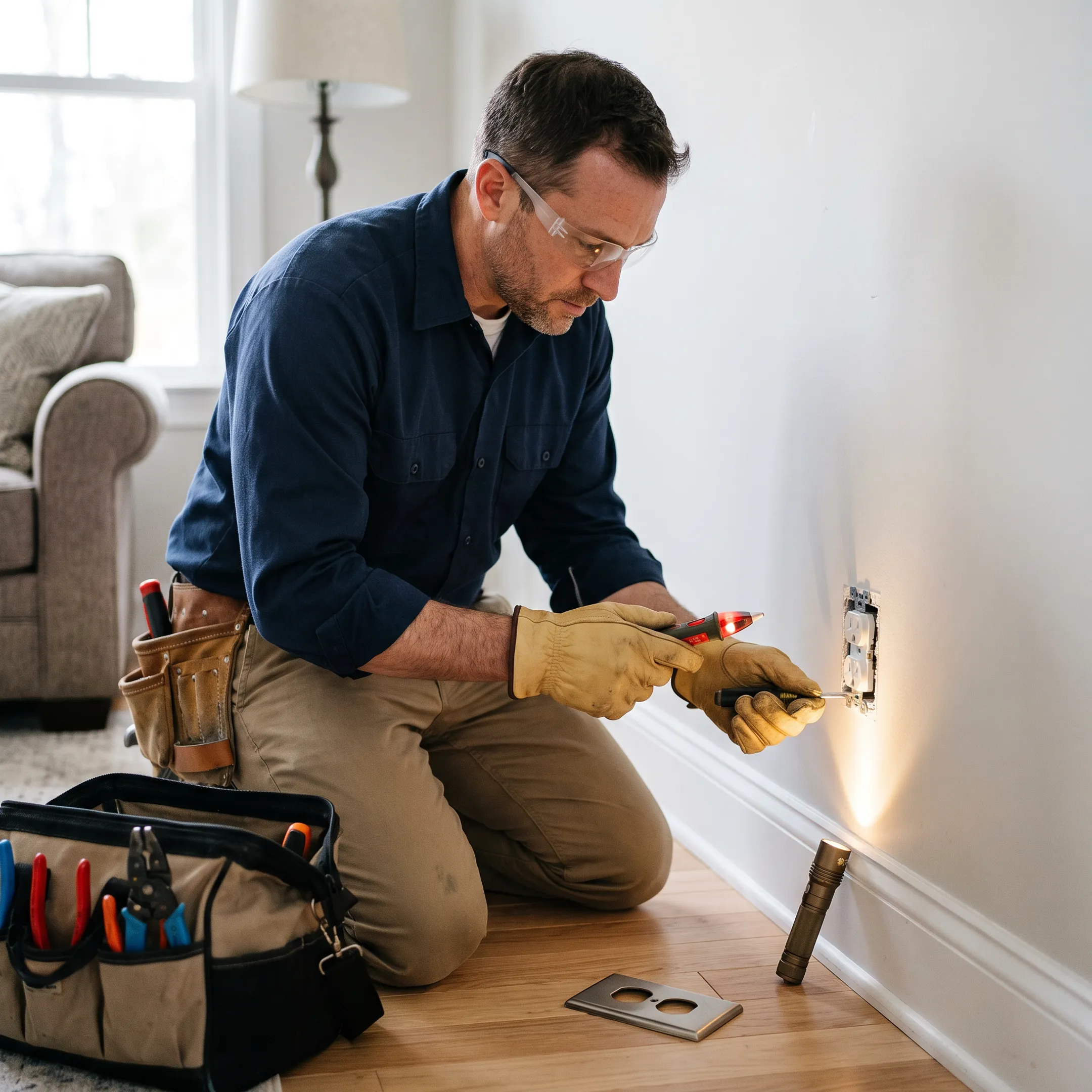 Electrician repairing a wall outlet