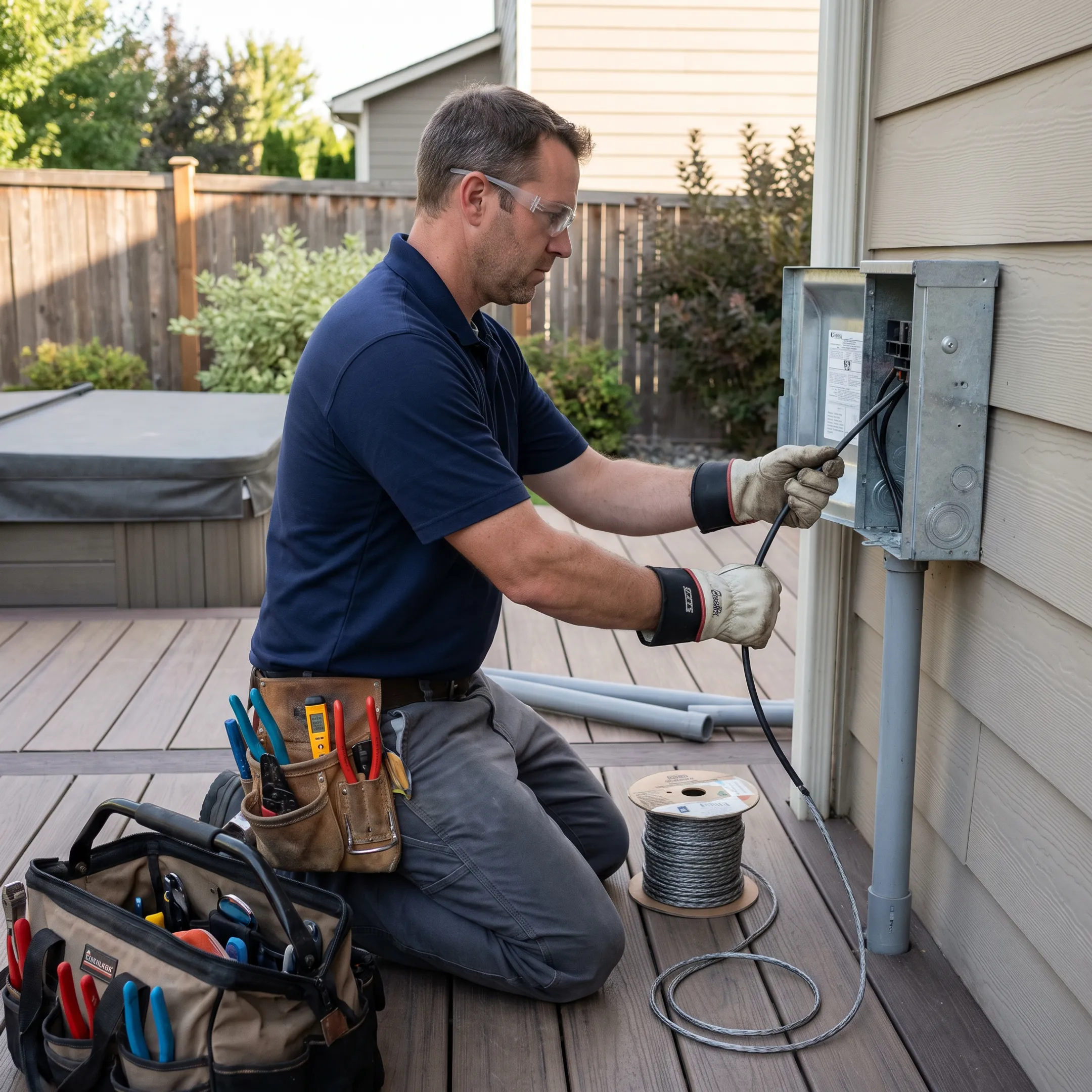 Electrician connecting hot tub electrical equipment