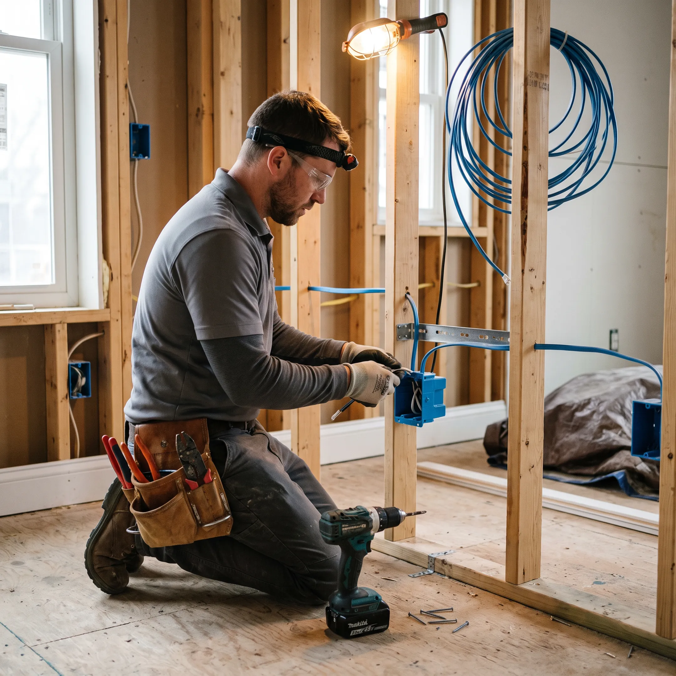 Electrician wiring a new construction electrical system
