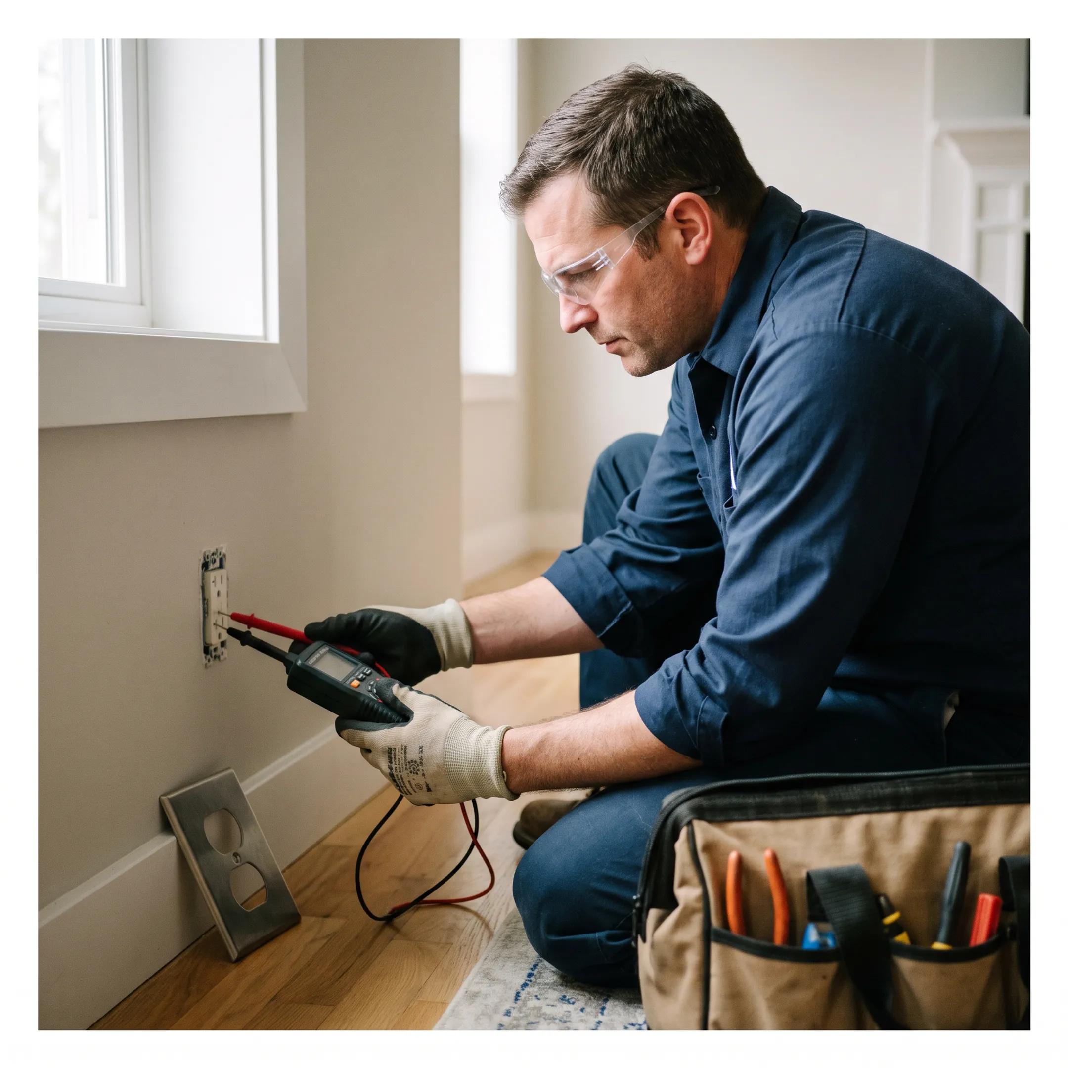 Electrician testing a home outlet during an inspection