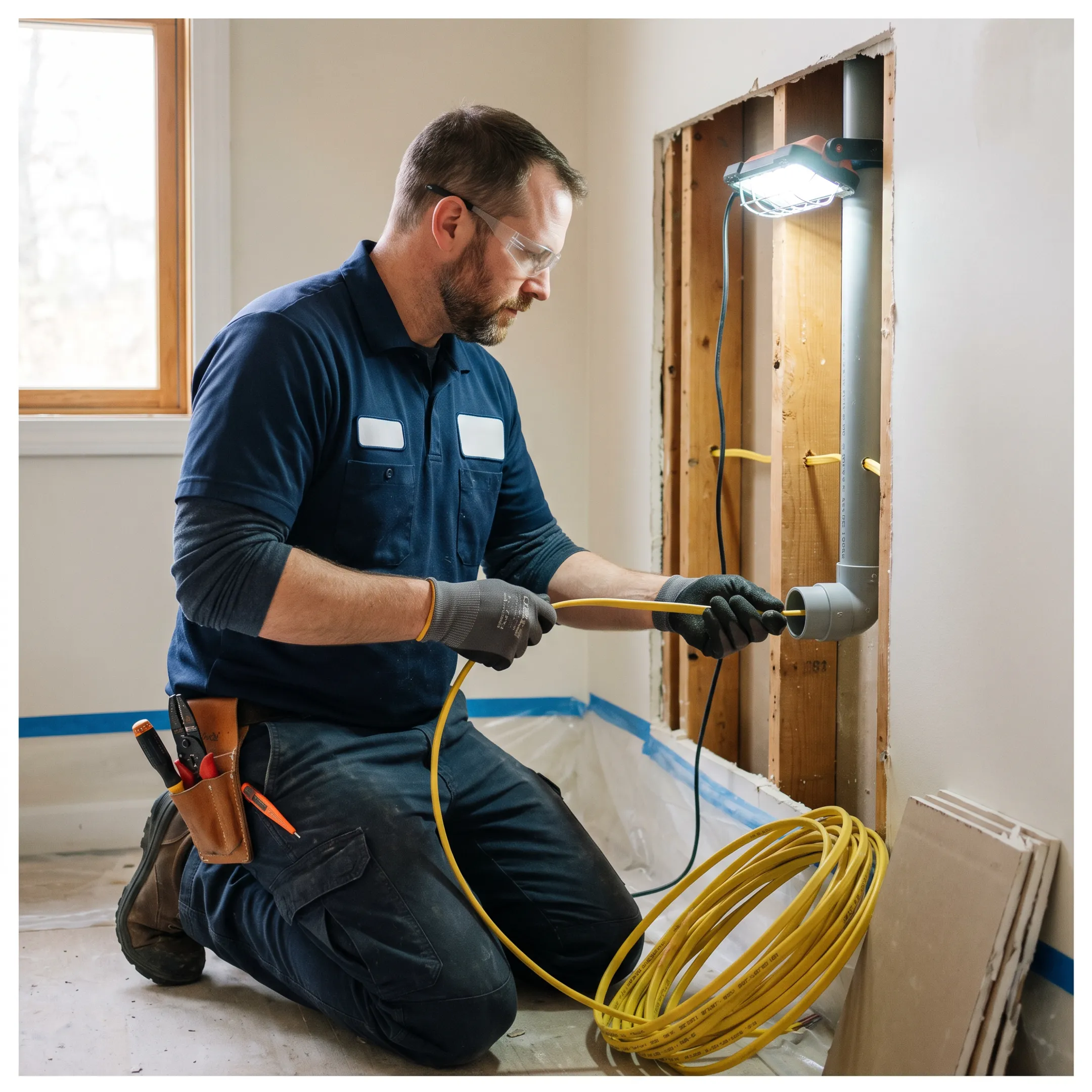 Electrician installing wiring for a modern home upgrade