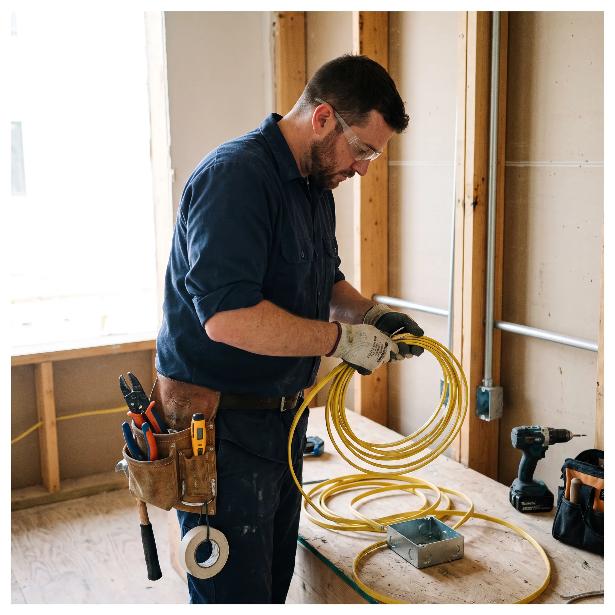 Electrician installing modern electrical wiring