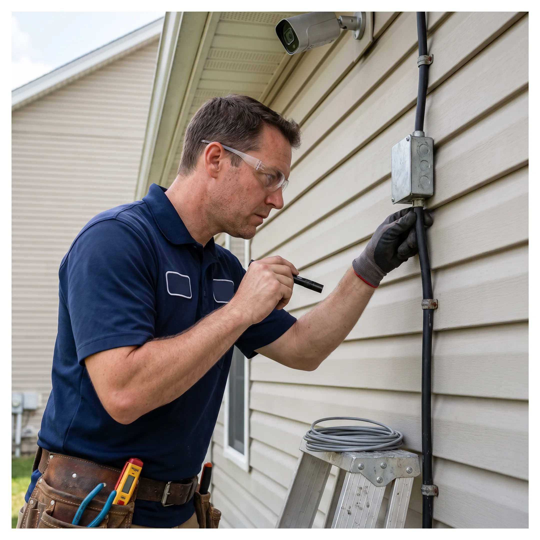 Electrician reviewing security camera wiring