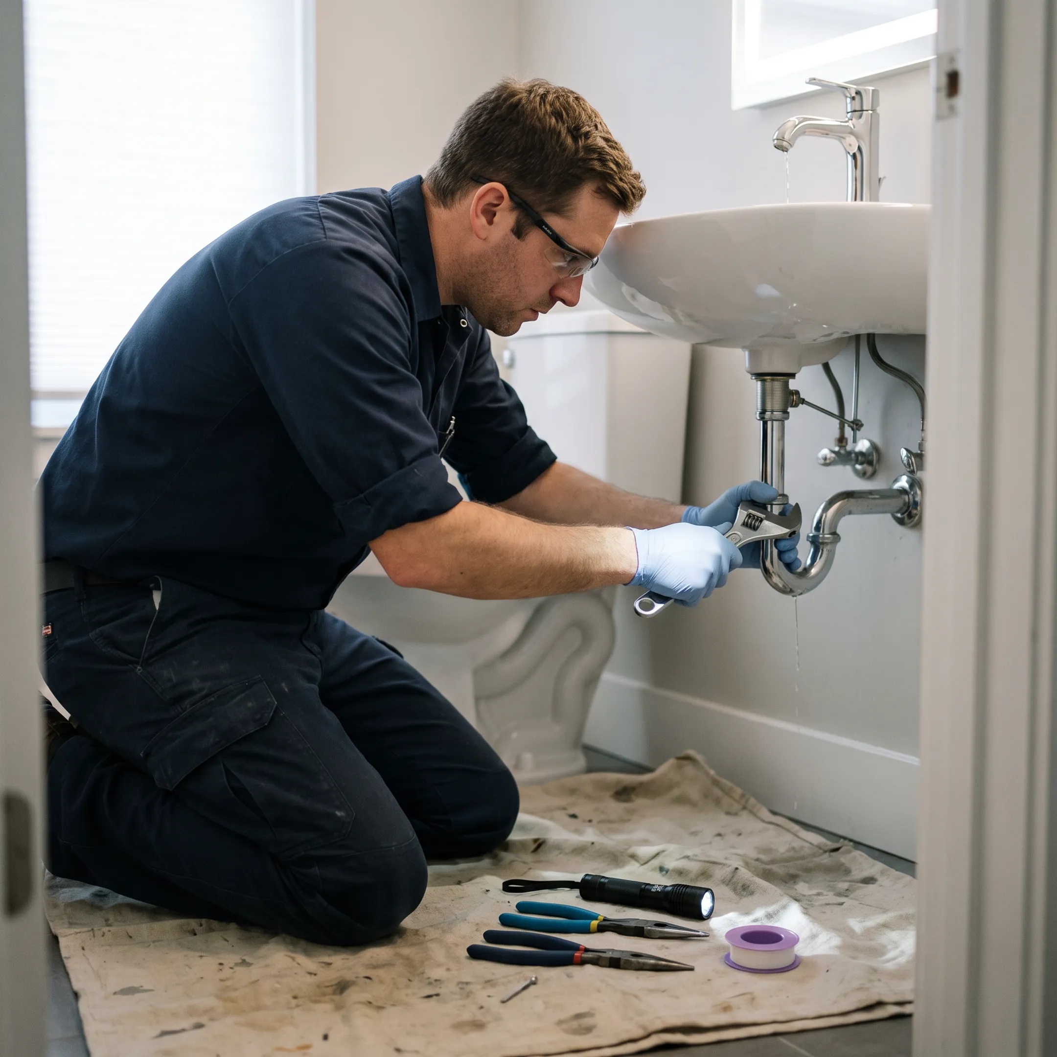 Technician repairing a bathroom sink faucet