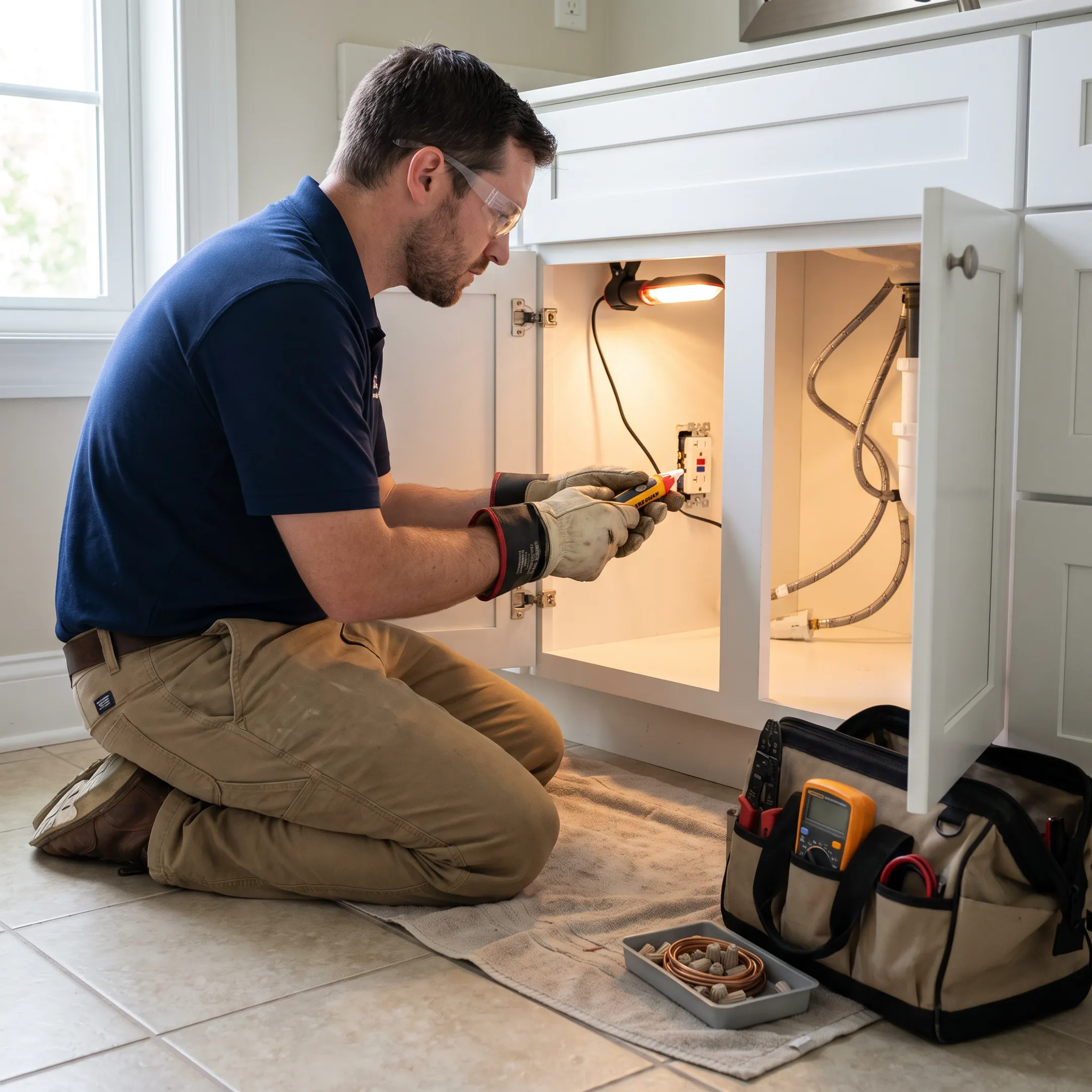 Plumber inspecting bathroom plumbing fixtures